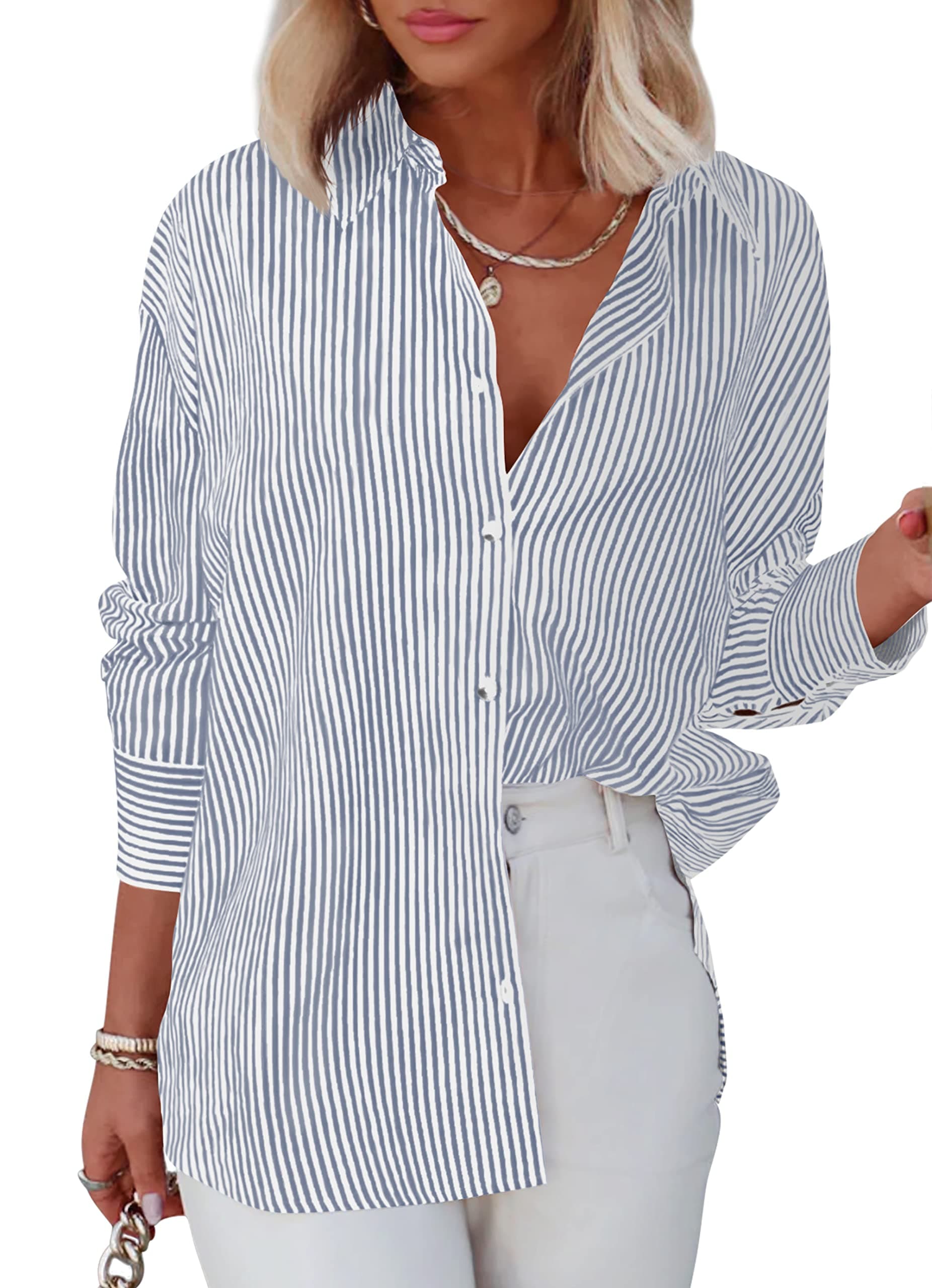 Womens Striped Button Down Shirts Classic Long Sleeve Stylish Collared Office Work Blouses Tops