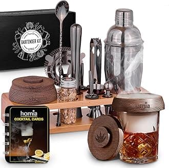 Bartender Kit with Whiskey Smoker - 13 pcs, Pine Stand - Bar Set with Cocktail Shaker, Bartending Kit with Essential Bar Accessory Tools, Wood Chips, Matte