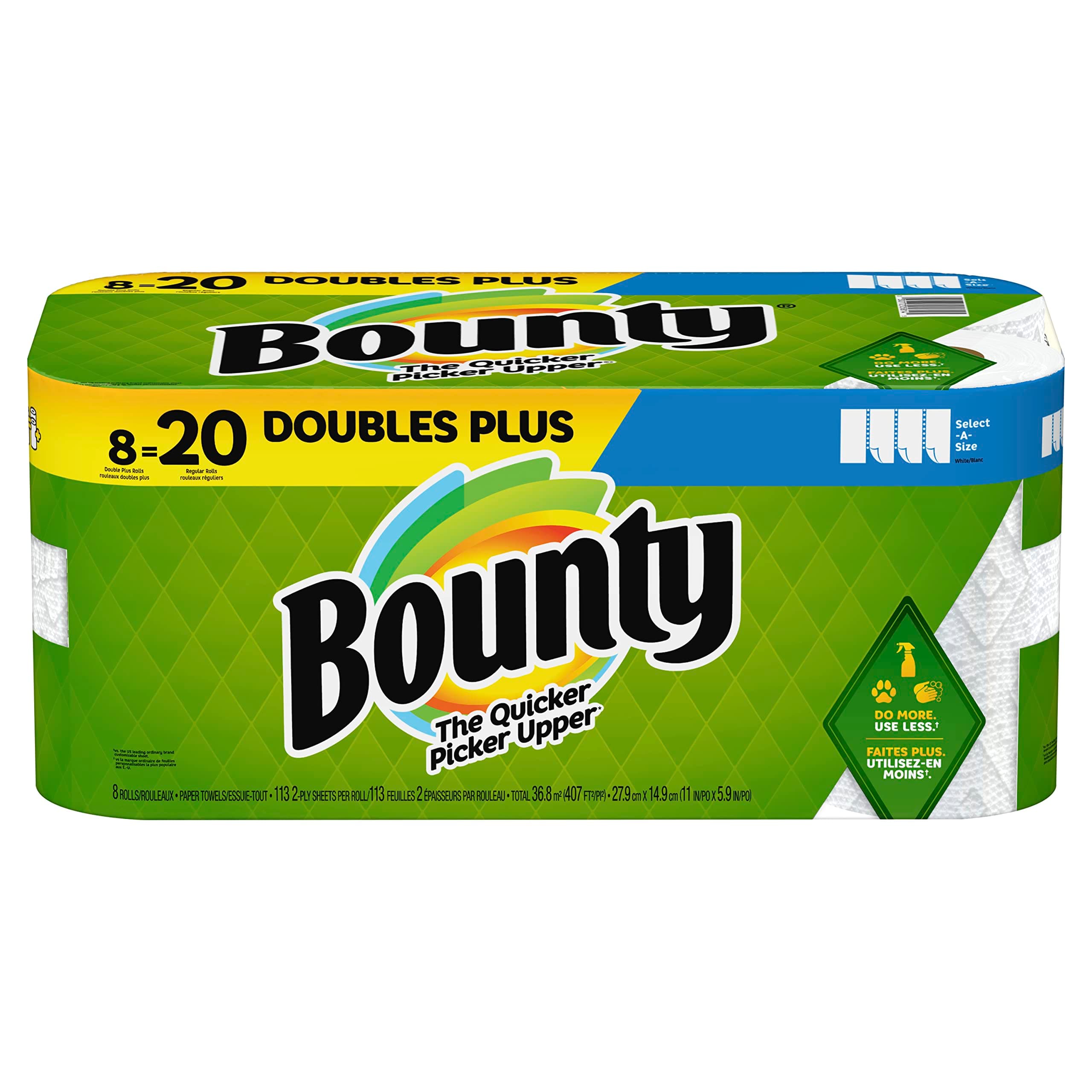 Bounty Select-A-Size Paper Towels, 8 Double Plus Rolls White, 113 Sheets Per Roll