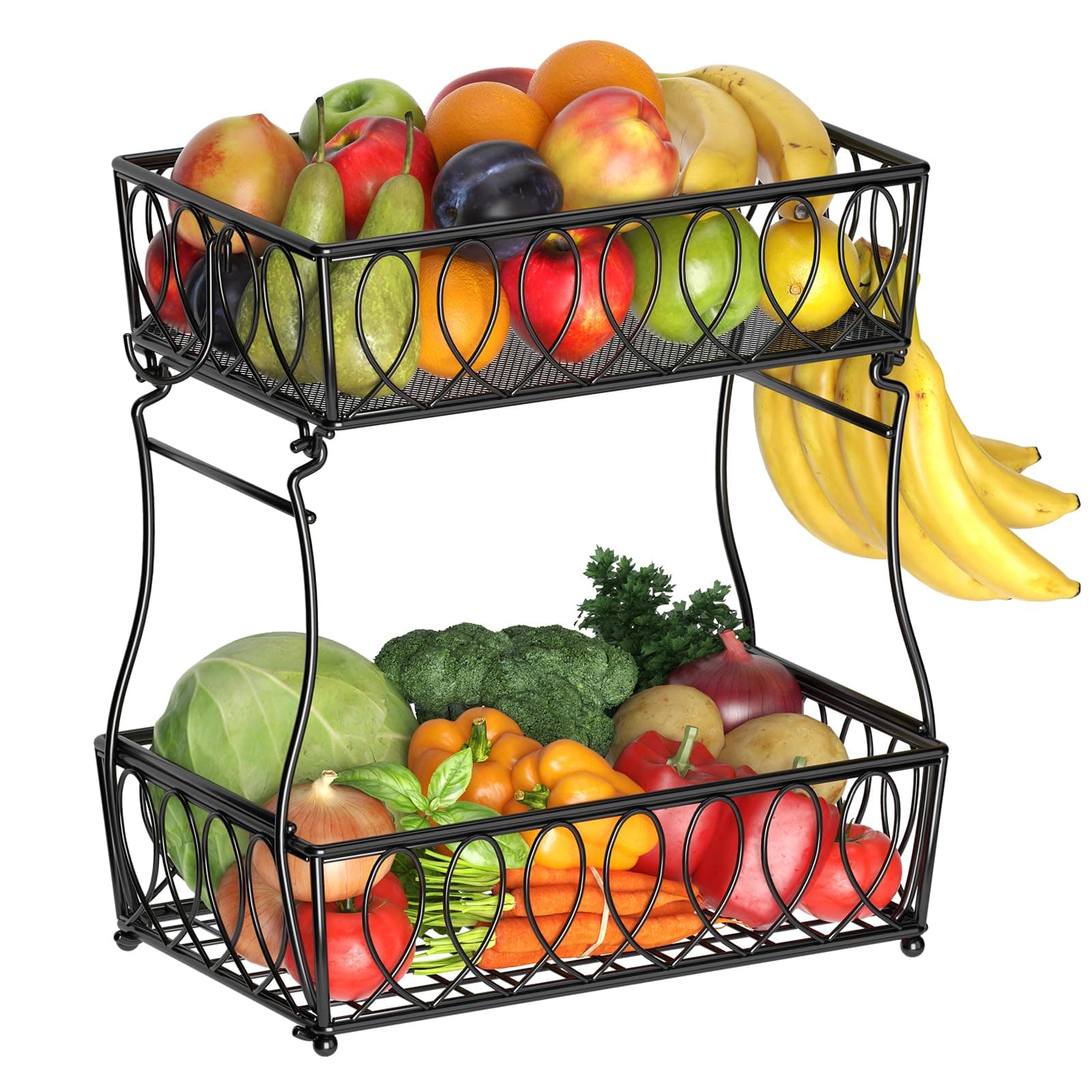 2-Tier Countertop Fruit Basket Bread Bowl for Kitchen, Vegetable Potato Onion Storage Wire Basket, 13.8-Inch, Black