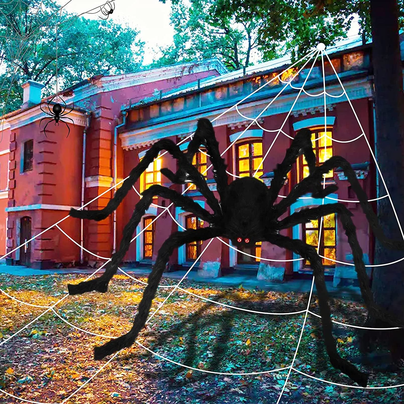 Spider Decorations, 4.9 FT Giant Spider 16.9 FT/200’’ Spider Web Decorations,Outdoor Decorations Scary Black Hairy Spider & Huge Triangular Cobwebs suitable for Halloween Haunted House Costume PHOEB
