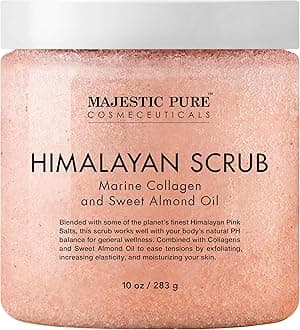 MAJESTIC PURE Himalayan Pink Salt Body Scrub with Collagen and Sweet Almond Oil | Exfoliating Scrub for Skin Care, Stretch Marks, Acne, Cellulite | 10 oz