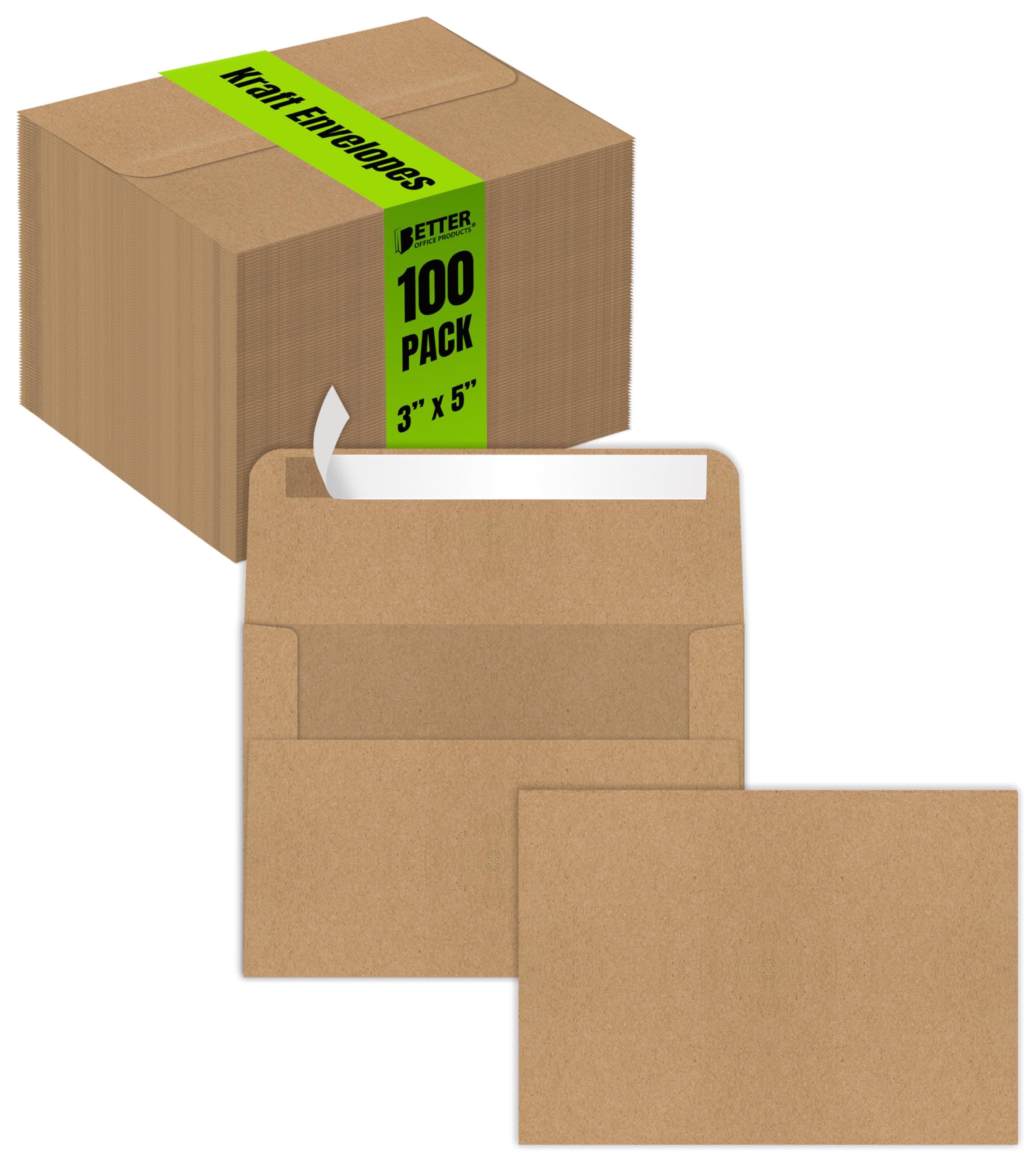 Kraft Invitation Envelopes, 100-Pack, A1 Size (3.625" x 5.12"), Strong 35 lb. Paper, Fits 3.5" x 5" Invitation, RSVP, Photos, Gift Cards (Square Flap with Peel & Stick Closure)