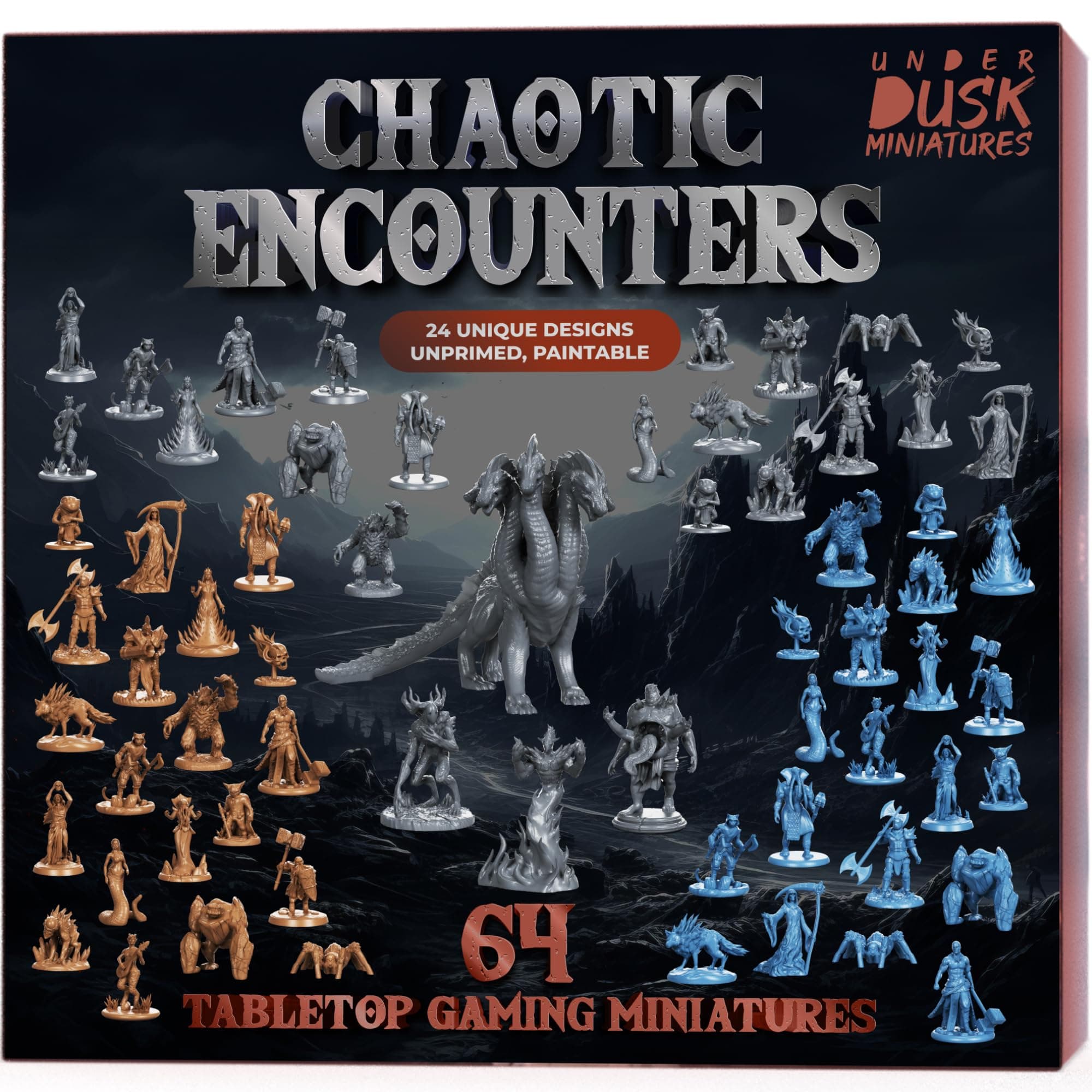 Chaotic Encounters: 64pc DND Miniatures Bulk Set - High-Definition Monsters - 24 Designs, 28mm Scale with 4 Large Bosses (Hydra, Fire Elemental, Gluttony, Forest Guardian) - Stats Included