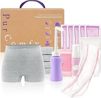 PurComfy 18 Pcs Postpartum Essentials Recovery Kit, Includes 5 Disposable Underwear, 24 Perineal Pad Liners, Perineal Care Foam, 5 Instant Ice Pads, Peri Bottle and 5 Postpartum Pads