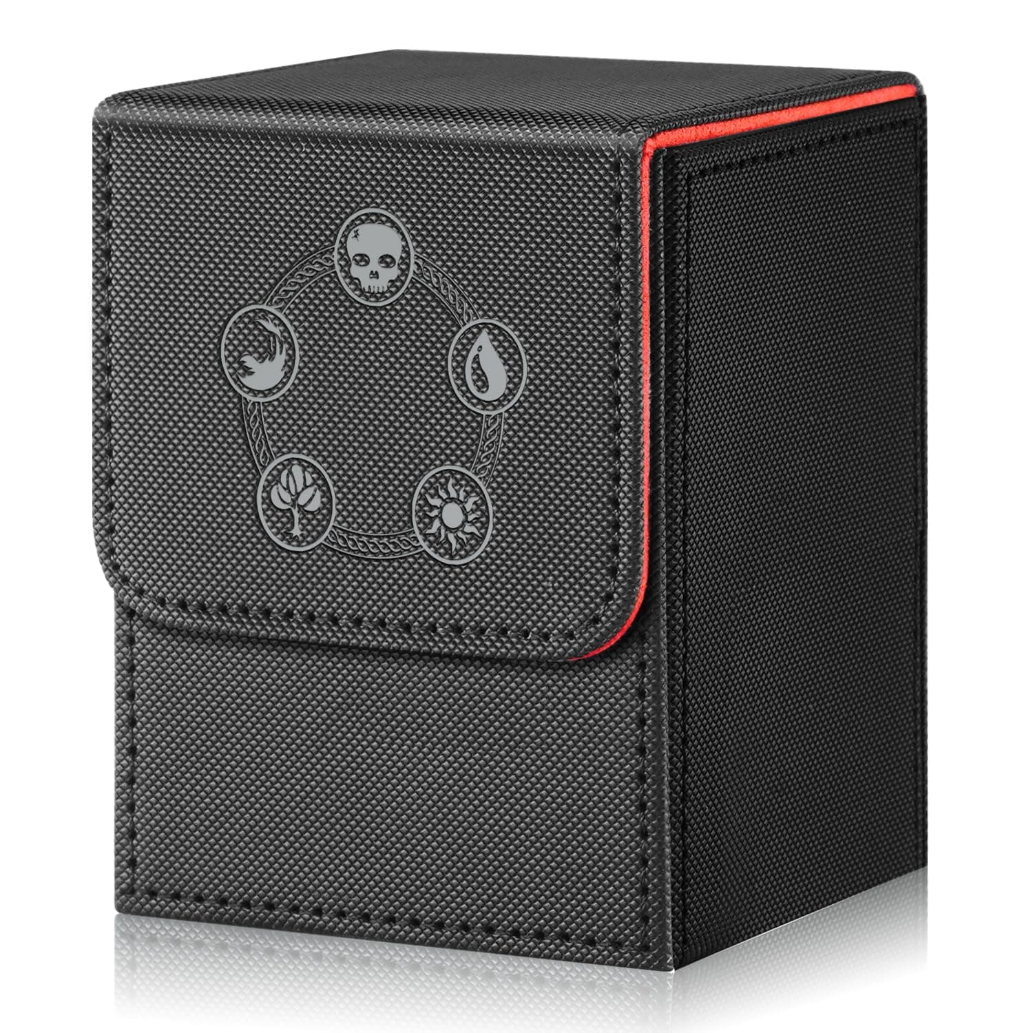 Card Deck Box for MTG,YuGiOh, KeyForge, Digimon FAB Card Storage Box Fits 230+ Single Sleeved Cards, PU Leather Strong Magnet Card Deck Case Holder for TCG CCG Magic Commander (Black&Red)
