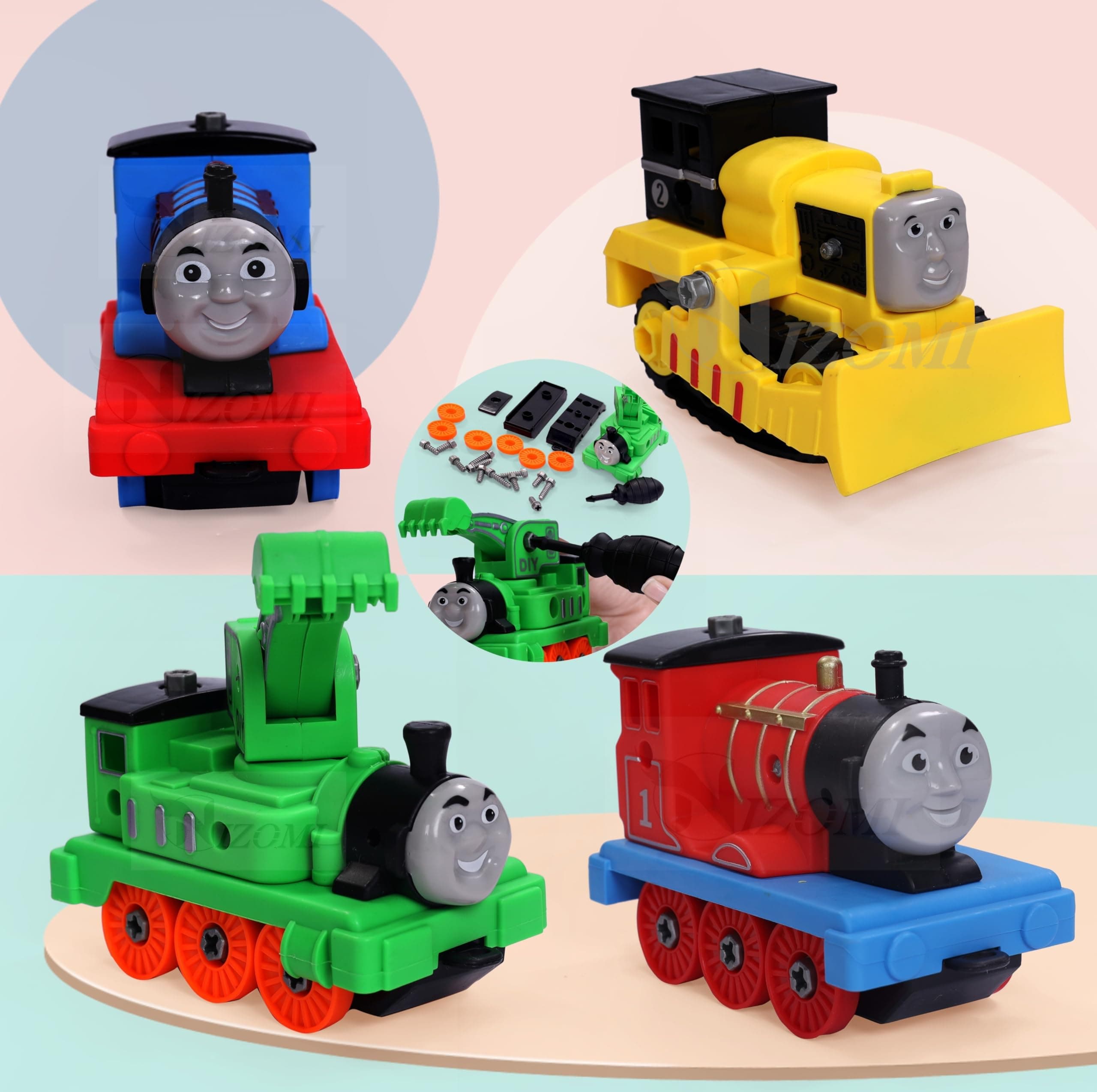 4 Pc DIY Assemble Disassemble Thomas With His Friends Train Set - Steam, Bulldozing, Excavating Trains - Birthday Gift for Kids 2+ Years - Multicolor