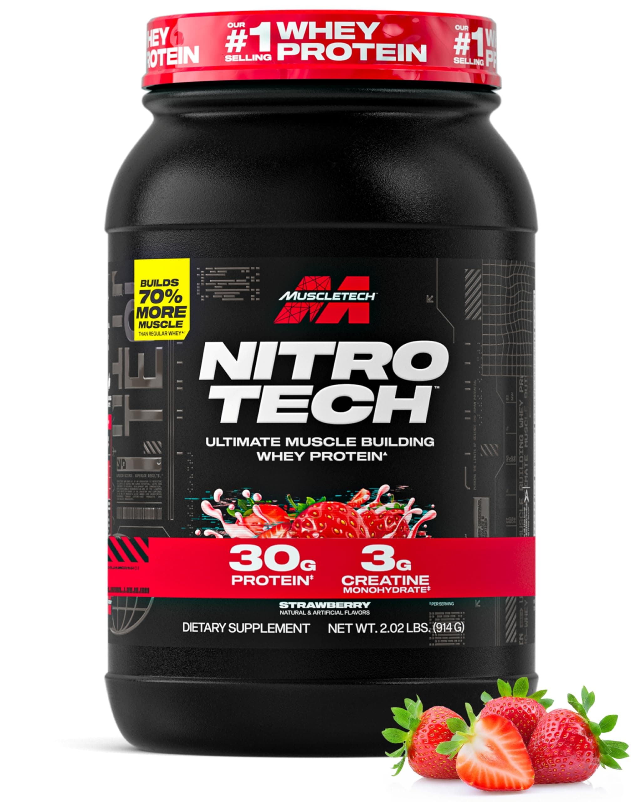 Muscletech Whey Protein Powder (Strawberry, 2.2 Pound) - Nitro-Tech Ultimate Muscle Building Formula with Whey Protein Isolate - 30g of Protein, 3g of Creatine & 6.8g of BCAA - Packaging May Vary