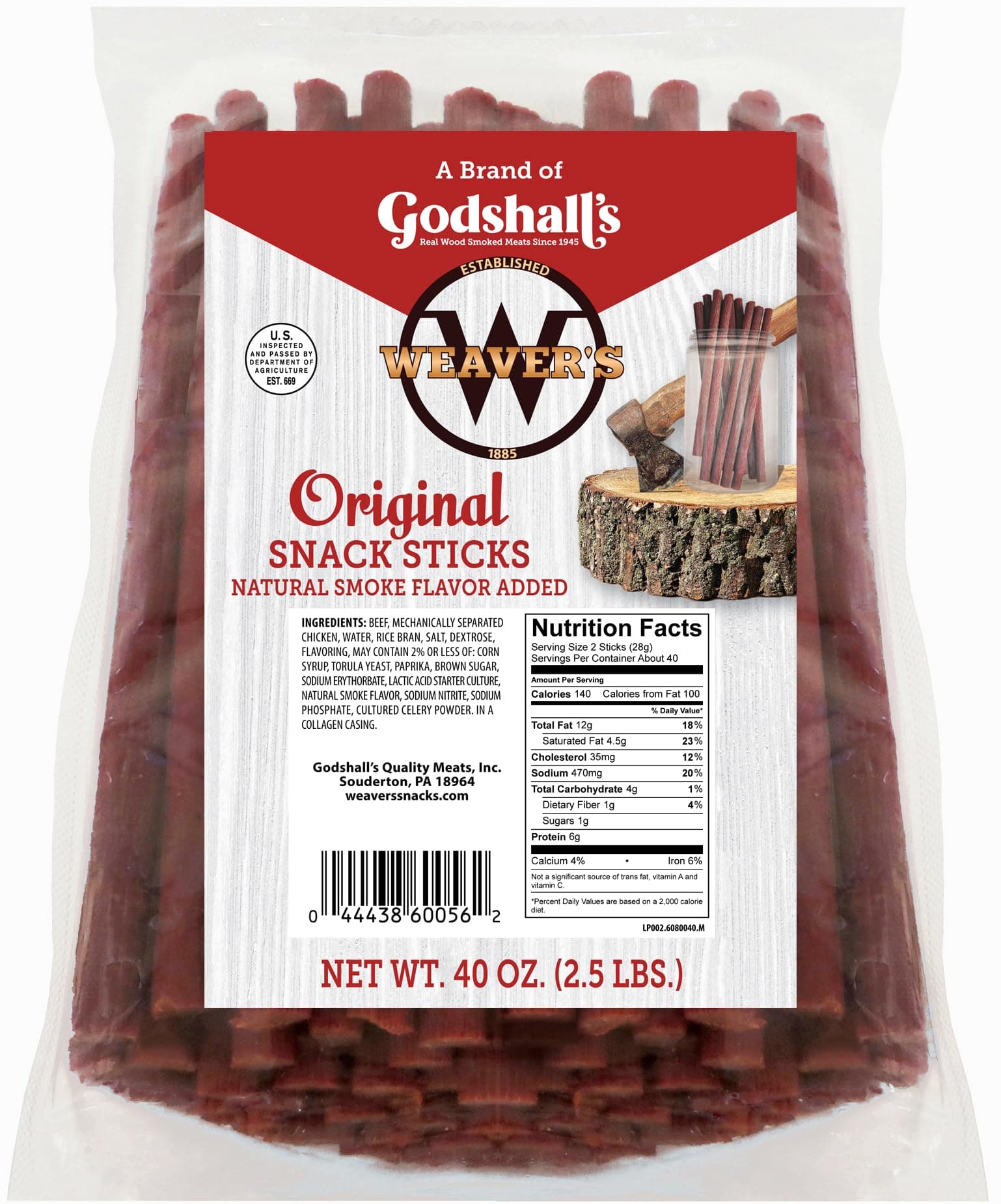 Weaver’s Original Snack Sticks (80 mild flavored 7" beef and chicken snack sticks per 40oz bag)