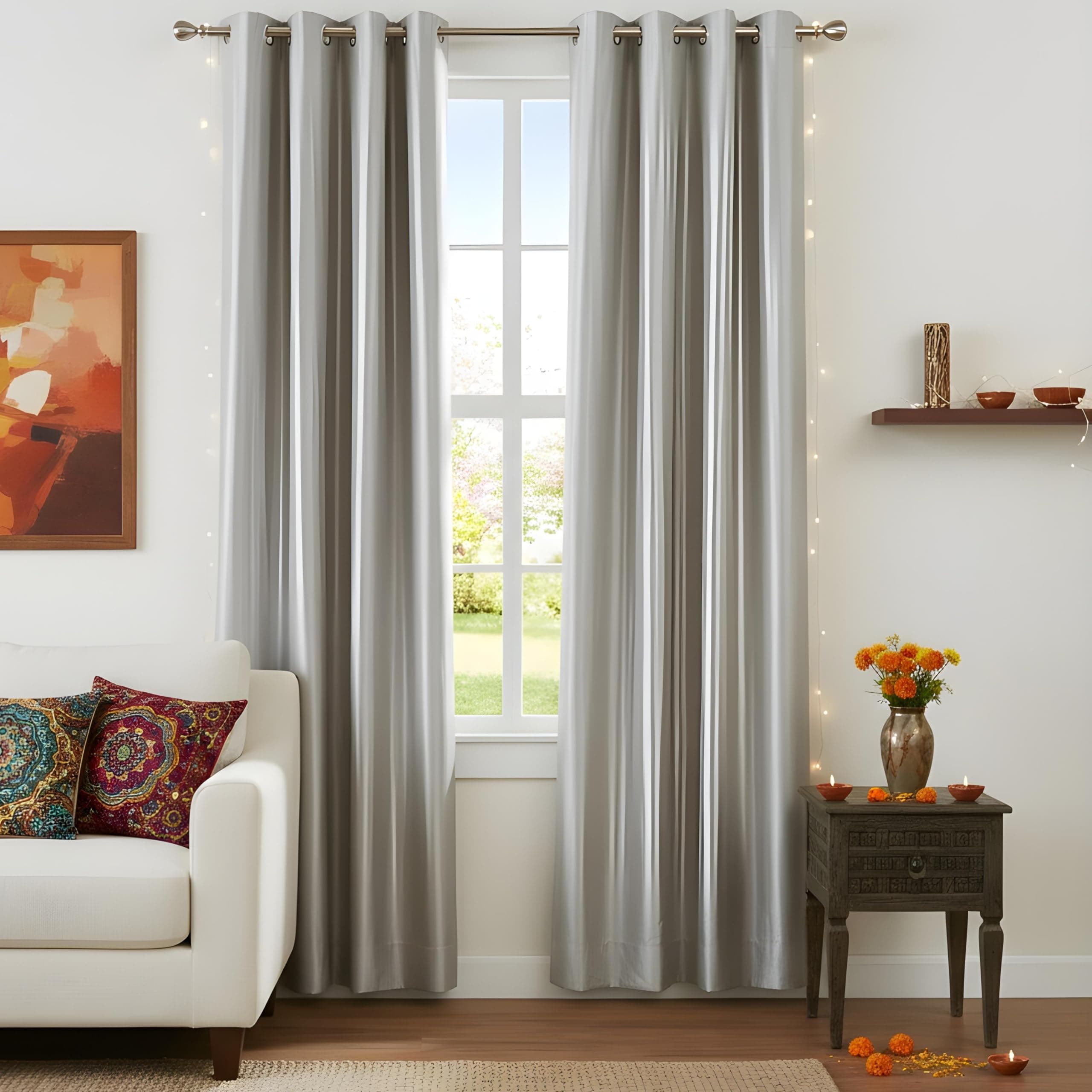Grey Polyester Window Curtains 5 Feet | Darkening Faux Texture Plain Drapes with Eyelets | Set of 2 Panels for Living Room, Bedroom & Office
