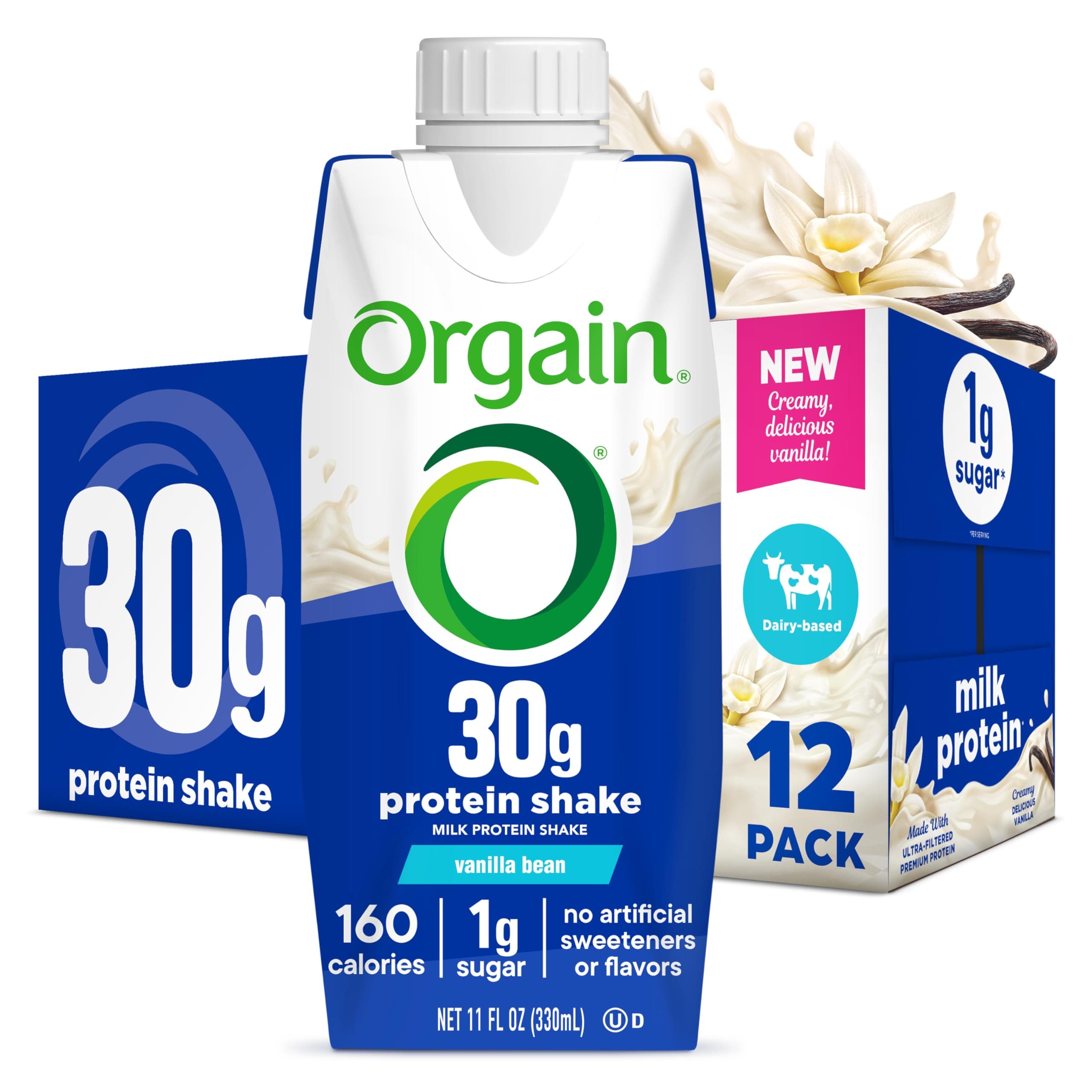 Orgain 30g High Protein Shake, Dairy Isolate Milk Protein, Vanilla Bean, 5g BCAAs, 1g Sugar per Serving, Meal Replacement, Ready to Drink, Keto Friendly, Gluten-Free, 11 Fl Oz, 12 Bottles