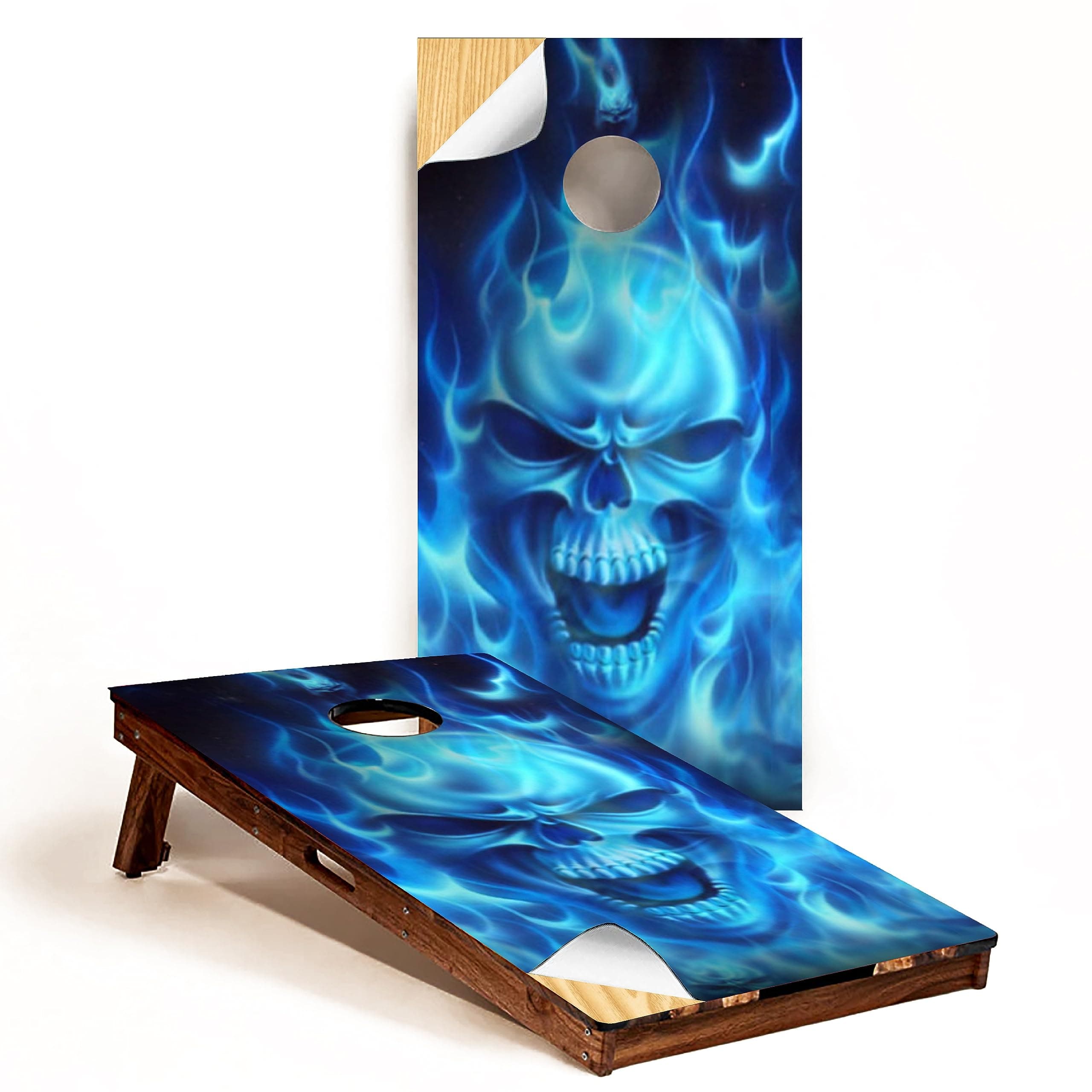 Skull Cornhole Board Wrap - C15 Flaming Skull - Laminated Weatherproof Vinyl Decal - Easy Bubble-Free Application - Stickers Dimensions: 2' x 4' - Set of 2