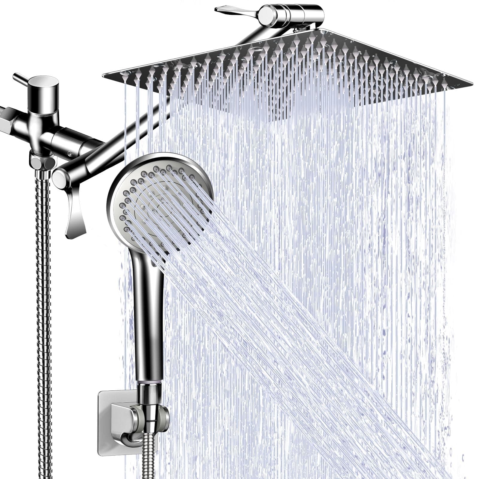 Modern 5-Setting Shower Head Combo, 10 Inch High Pressure Rain Shower Head with 11 Inch Adjustable Extension Arm, Chrome