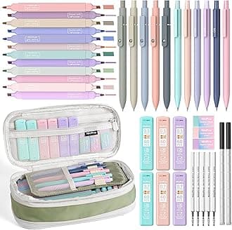 – Nicpro 39 PCS Aesthetic School Supplies with Cute Pencil Case, 12 Color Pastel Highlighters, 5 Quick Dry Retractable Black Ink Pens, 6 Pastel Mechanical Pencil 0.5 & 0.7 mm for Student Stationary