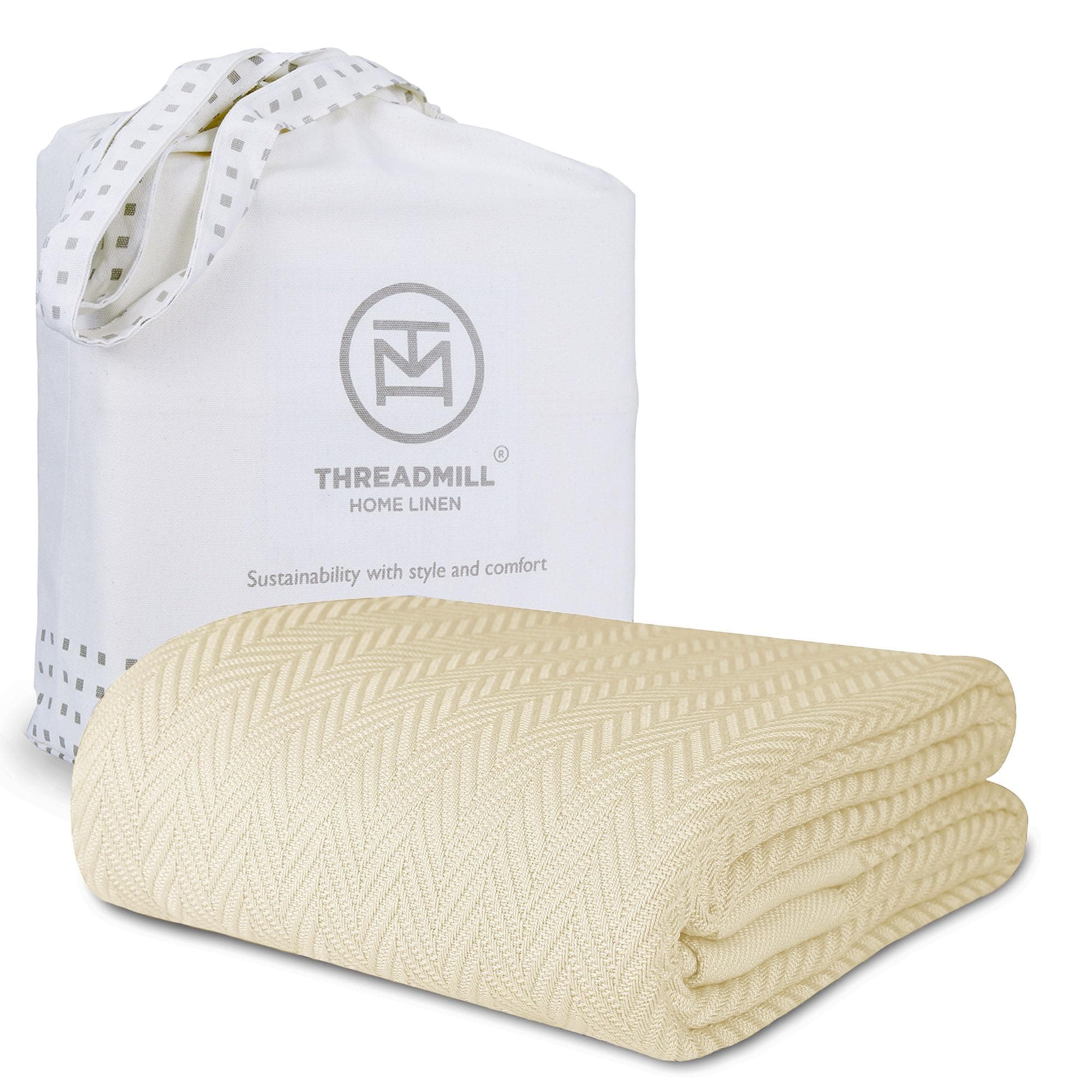 Threadmill Vanilla Cream 100% Combed Cotton King Size Blanket, All-Season Soft Breathable Light Weight Herringbone Throw