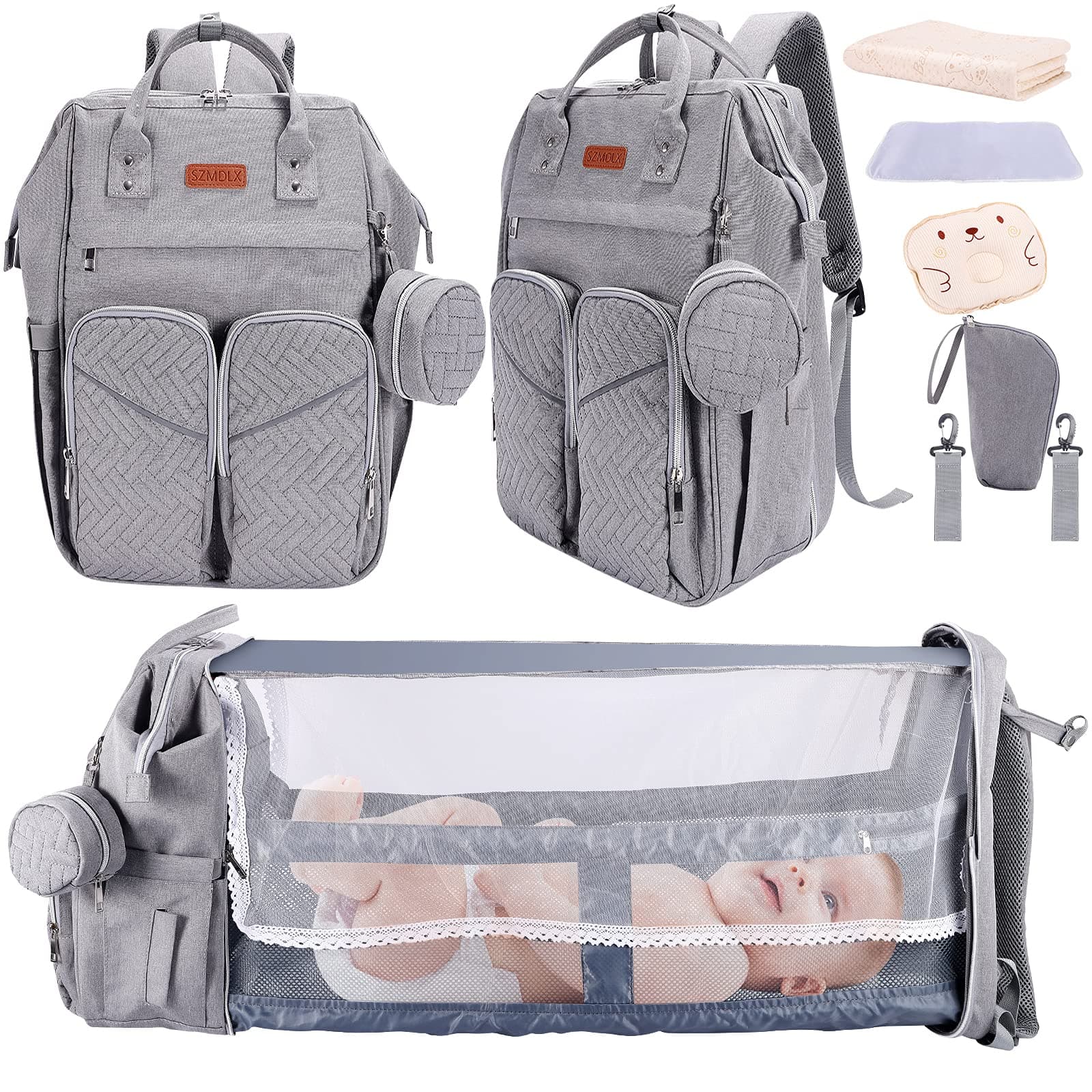 3 in 1 Diaper Bag Backpack, Foldable Baby Sleeping Bed with Changing Station, Diaper Bags for Baby Bags for Boys Diaper Bag with Bassinet Mat Pad Girl Men Dad Mom Travel Waterproof (Grey)