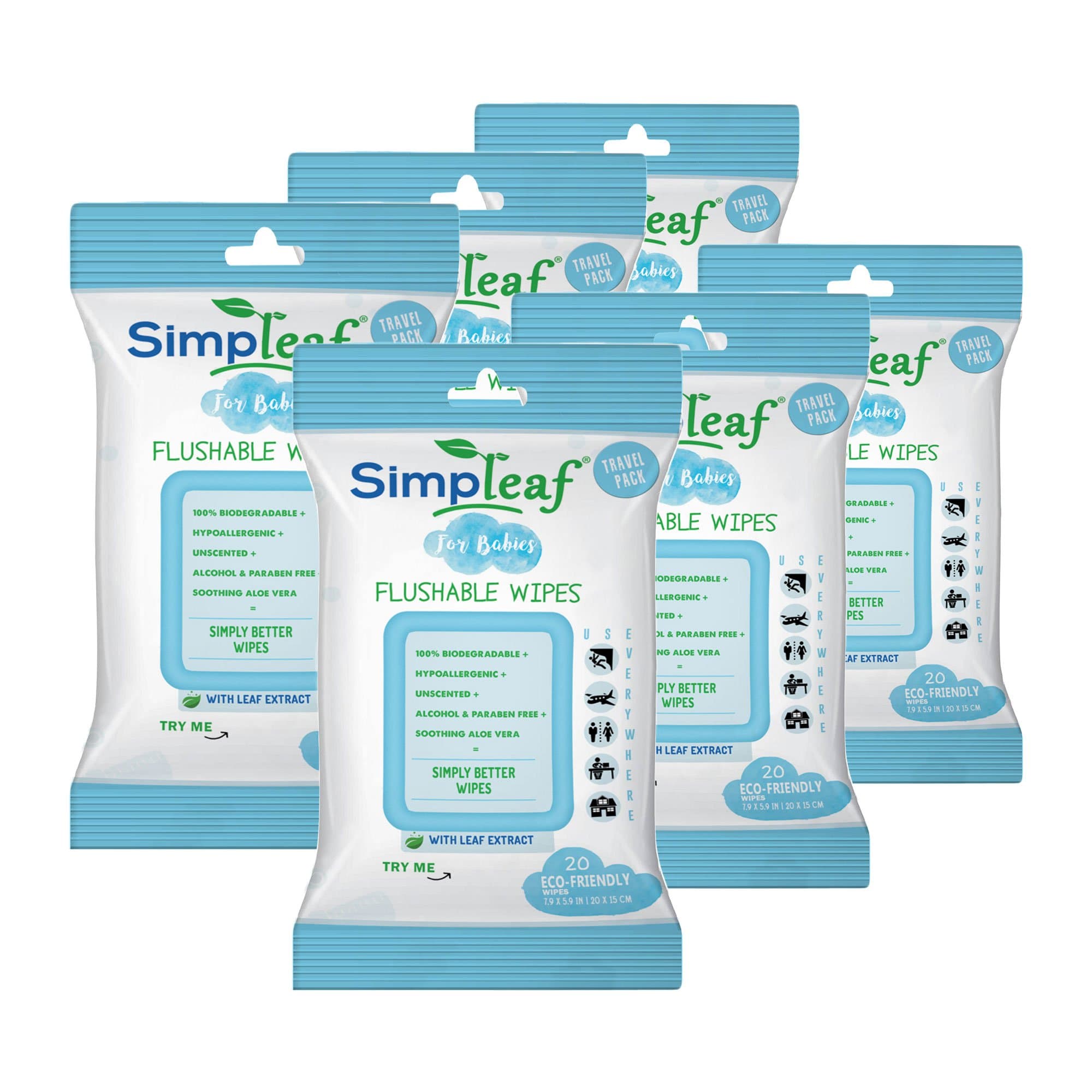 Simpleaf for Babies Flushable Wipes (Travel Pack): Eco- Friendly, Thick and Effective, Paraben and Alcohol Free, Hypoallergenic and Safe for Sensitive Skin, Unscented, Soothing Aloe Vera (6 Packs)
