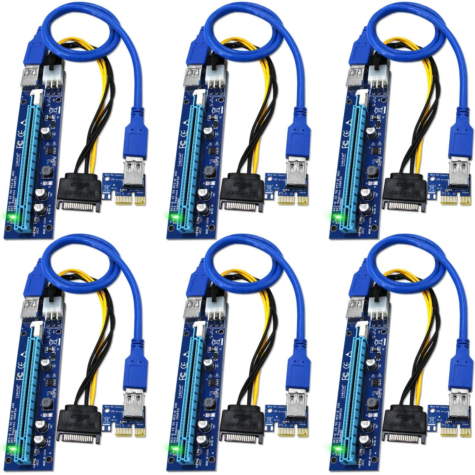 PCIE Risers for ETH/BTC GPU Miner Rigs, PCIE Riser Cable for Bitcoin, Ethereum Mining, GPU Riser Adapter, GPU Riser Cable, PCI Express Riser VER006C(6Pack)