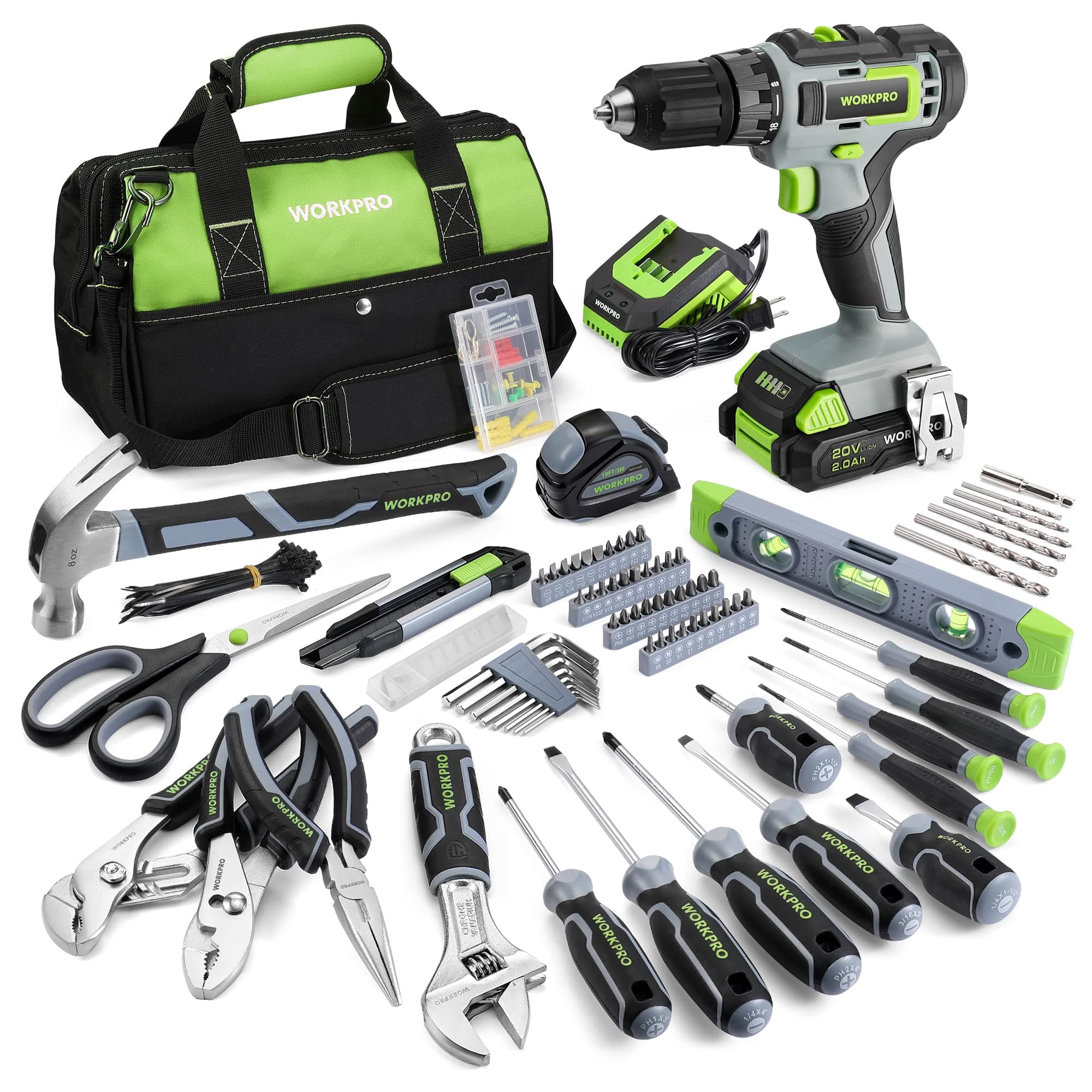 WORKPRO Home Tool Set with 20V Cordless Lithium-Ion Drill Driver, Household Repairing Tool Kit with Drill, 157PCS Power Drill Sets, 14-Inch Wide Mouth Storage Tool Bag, Green