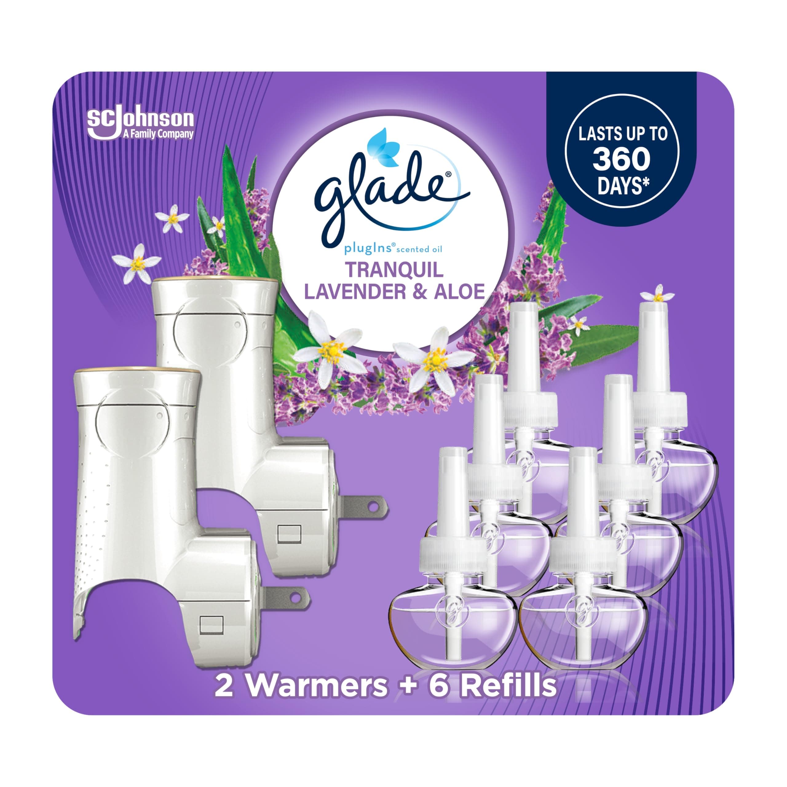 Glade PlugIns Refills Air Freshener Starter Kit, Scented and Essential Oils for Home and Bathroom, Tranquil Lavender & Aloe, 4.02 Fl Oz, 2 Warmers + 6 Refills