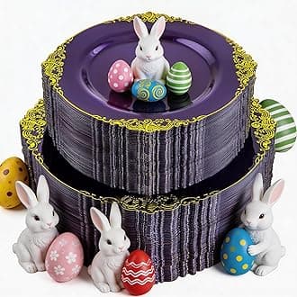 102PCS Purple and Gold Plastic Plates - High End Purple Disposable Plate Easter - Vintage Dinner & Dessert Plates for 51 Guests Birthday Easter Party Wedding