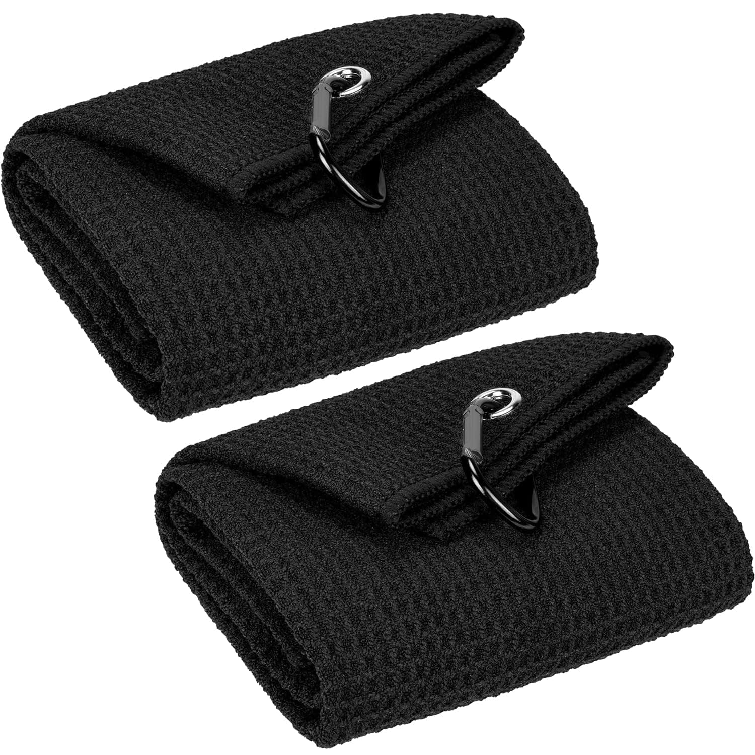 2 Pack 16" x 24" Tri-fold Golf Towels, Premium Microfiber Fabric Waffle Pattern with Black Heavy Duty Carabiner Clip, Golf Towels for Golf Bags for Men (Black)