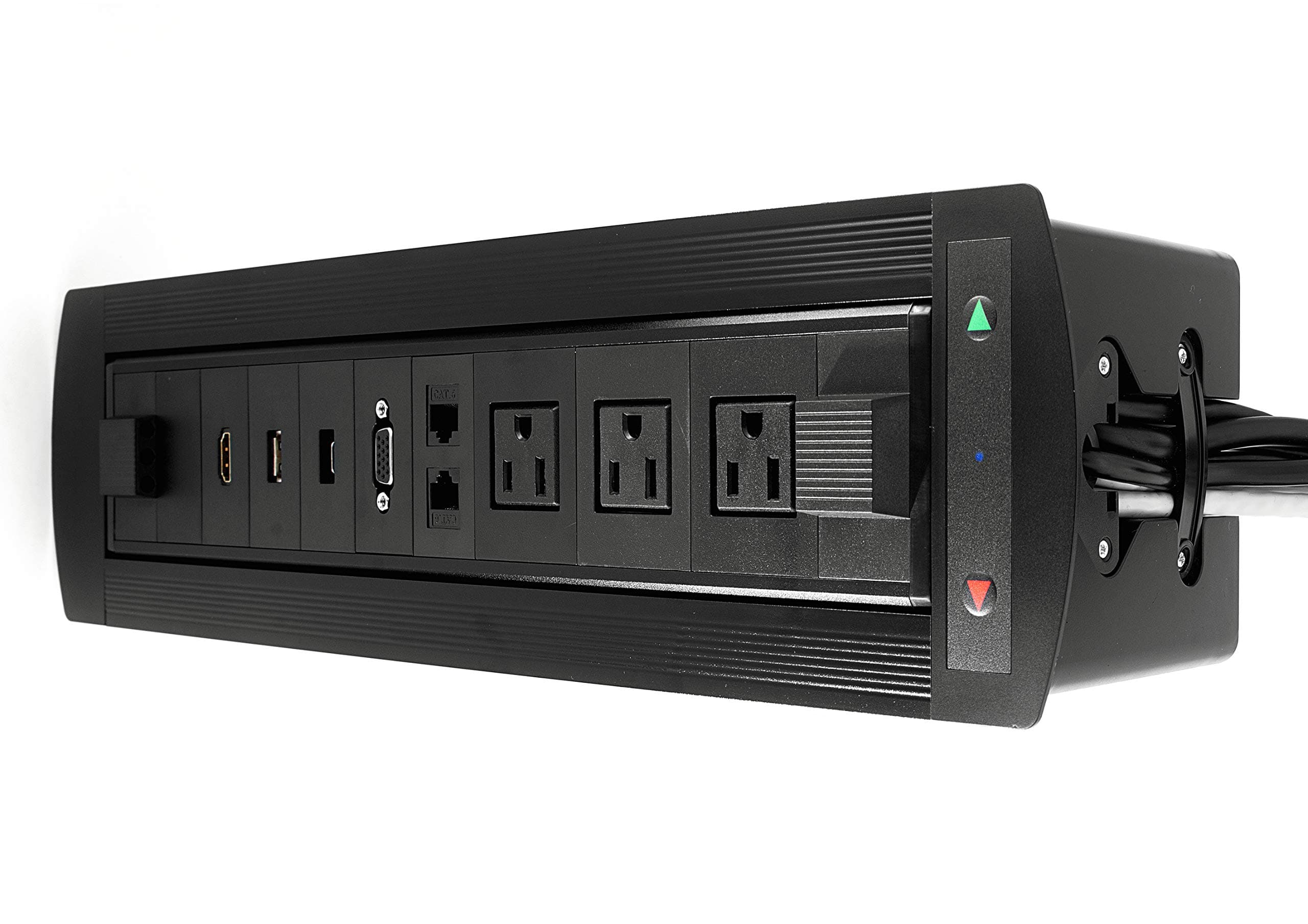 Motorized Connectivity Box for Conference Room Tables 3 AC + 1 HDMI + 1 USB Type C + 1 VGA + 2 RJ45 + 1 USB, Black Color
