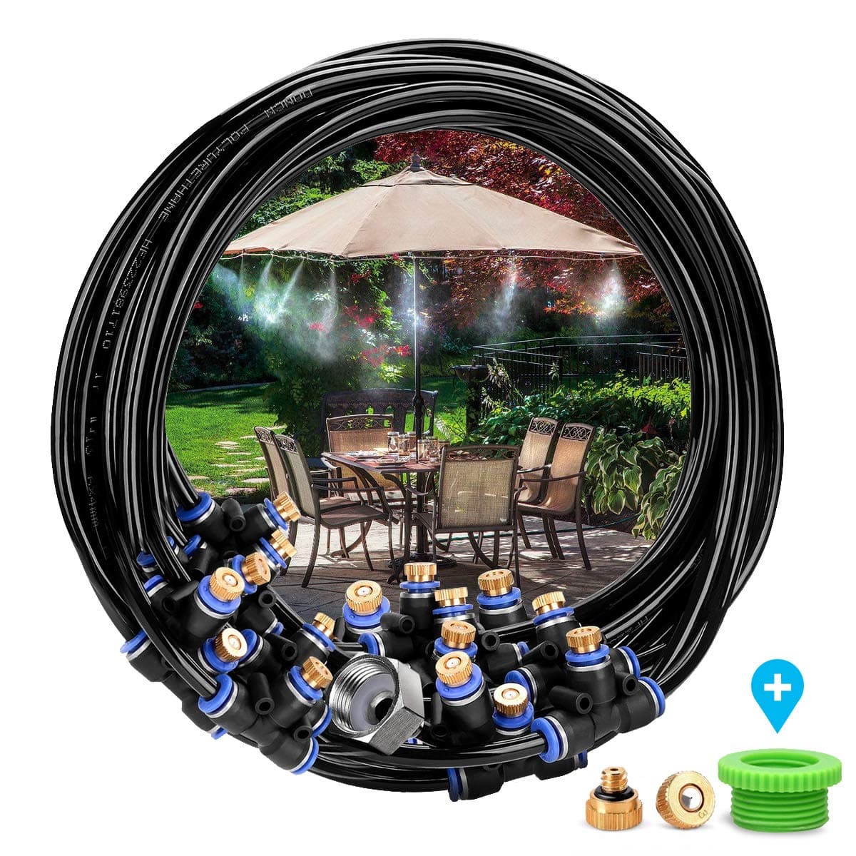 Landrip Misting Cooling System, 59FT Misting Line+ 9 Brass Mist Nozzles + Brass Adapter(3/4") Outdoor Mister for Patio Garden Greenhouse Trampoline for waterpark