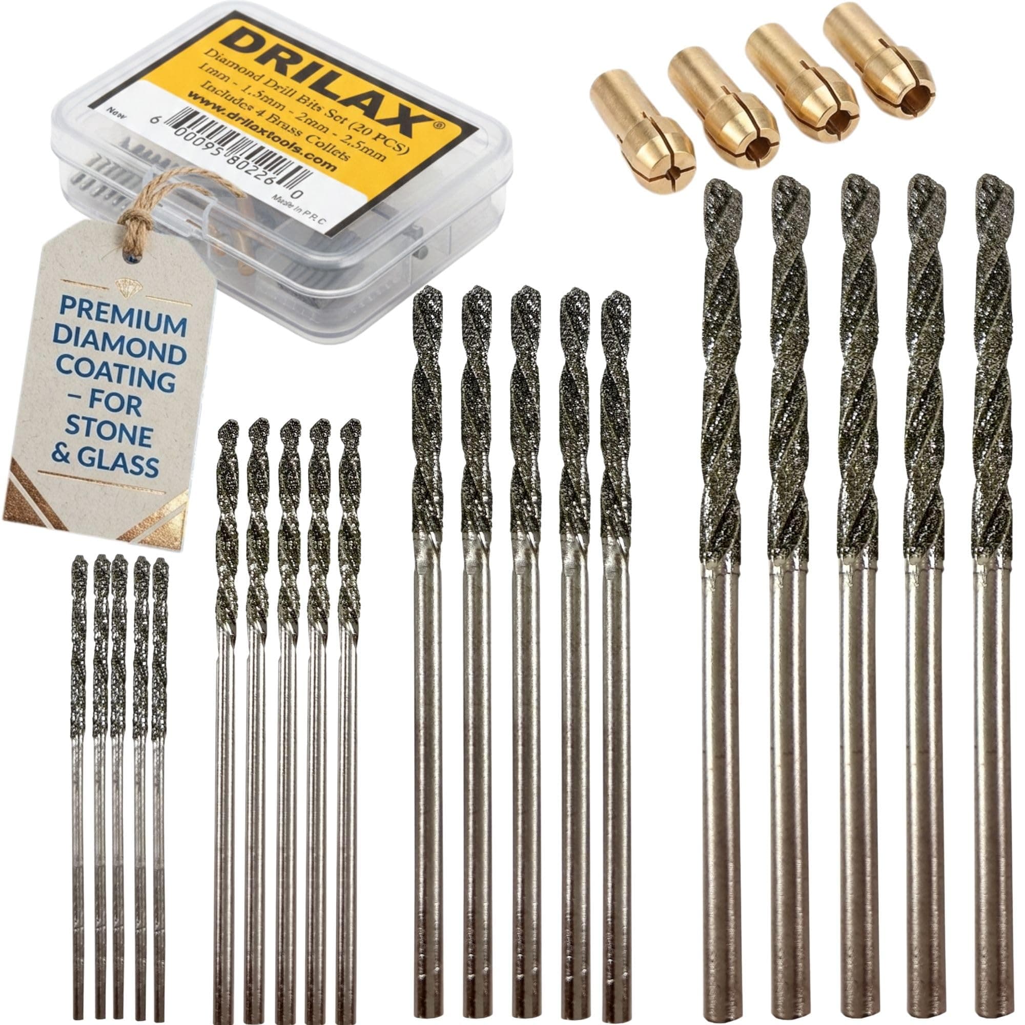 24-Piece Diamond Drill Bit Set (1mm, 1.5mm, 2mm, 2.5mm) Compatible with Dremel Rotary Tools, Includes 4 Collets – for Stones, Sea Glass, Shells, Gemstones & Jewelry