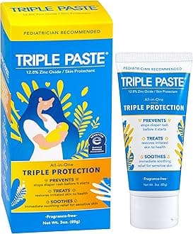 Triple Paste Diaper Rash Cream for Baby - 3 oz Tube – Zinc Oxide Ointment Treats, Soothes & Prevents Diaper Rash, Pediatrician-Recommended Hypoallergenic Formula, Baby Essentials for Daily & Overnight