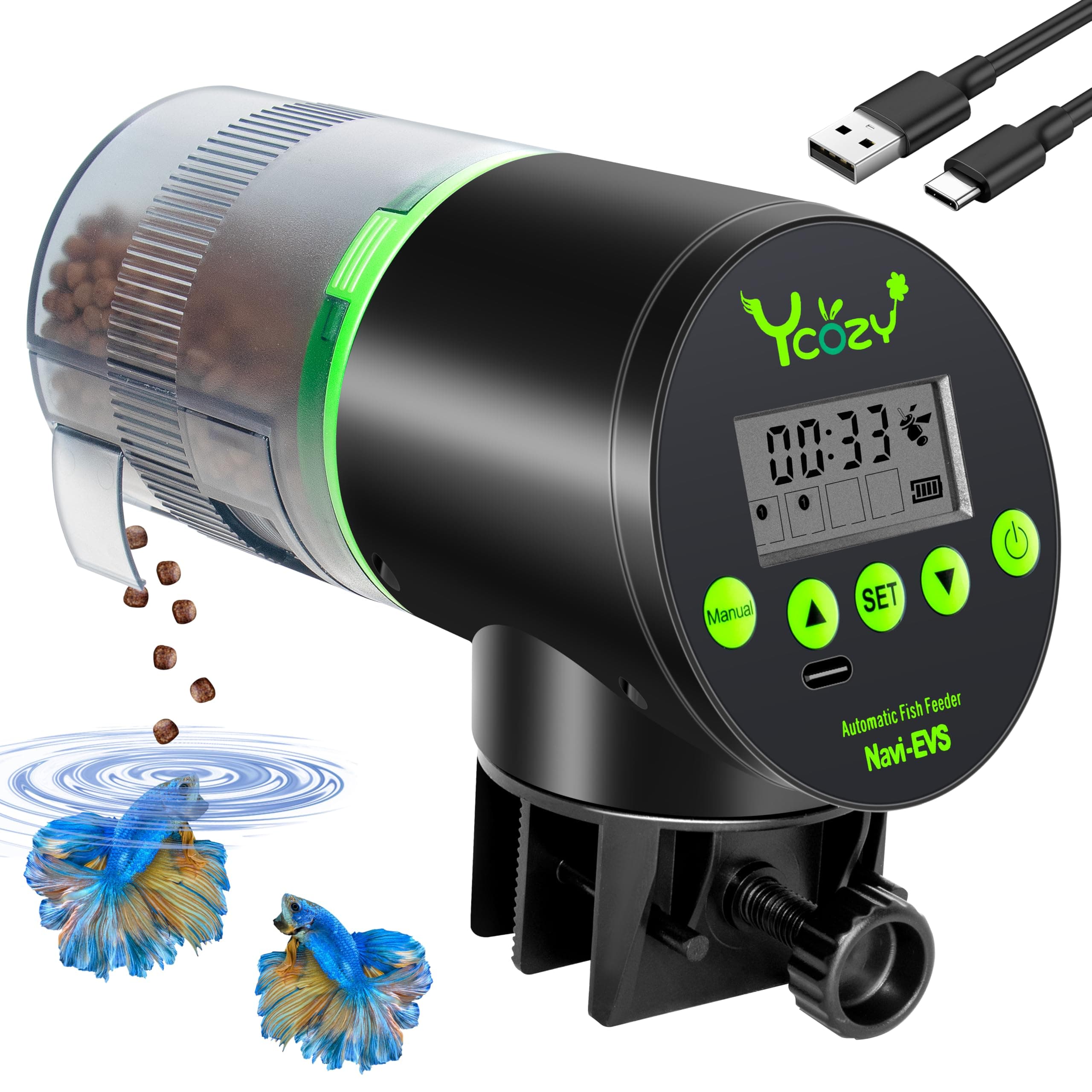 Ycozy Automatic Fish Feeder Rechargeable with USB Cable Moisture-Proof Intelligent Electric Fish/Turtle Feeder for Aquarium & Fish Tank (Rechargeable EVS)