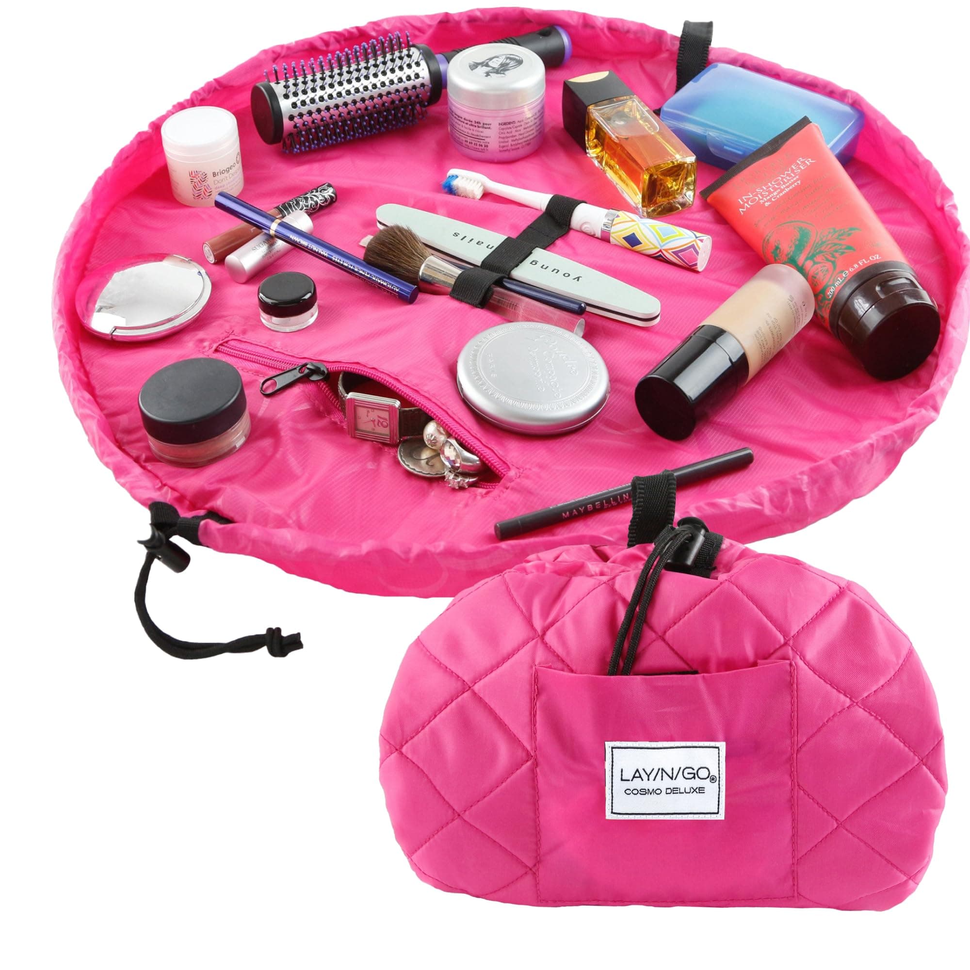 Lay-n-Go Cosmo Layflat Drawstring Cosmetic & Makeup Bag Organizer w/Zipper Pocket, Brush Loops & More, Cinch to Close, Lay Flat to Use, Durable, Machine Wash, Travel Toiletry Bag (22", Pink)