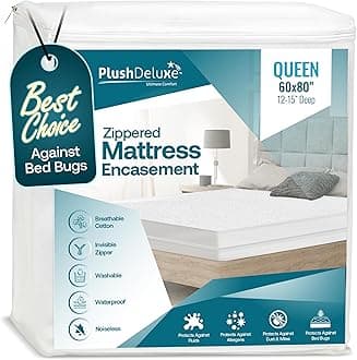 PlushDeluxe Zippered Mattress Encasement, Waterproof, Bed Bug & Dust Mite Proof 6-Sided Protector Cover, (Fits 9-12 Inches H) Queen Size