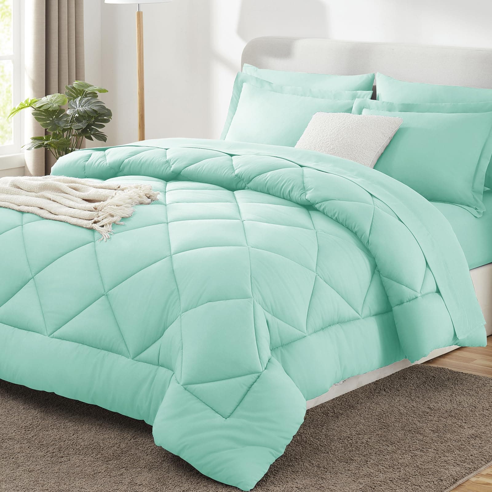 Full Size Comforter Sets Mint Green - 7 Pieces Bed in a Bag Full, Luxury Soft Bed Set for All Seasons, Bedding Set with Down Alternative Comforter, Sheets, Pillowcases & Shams