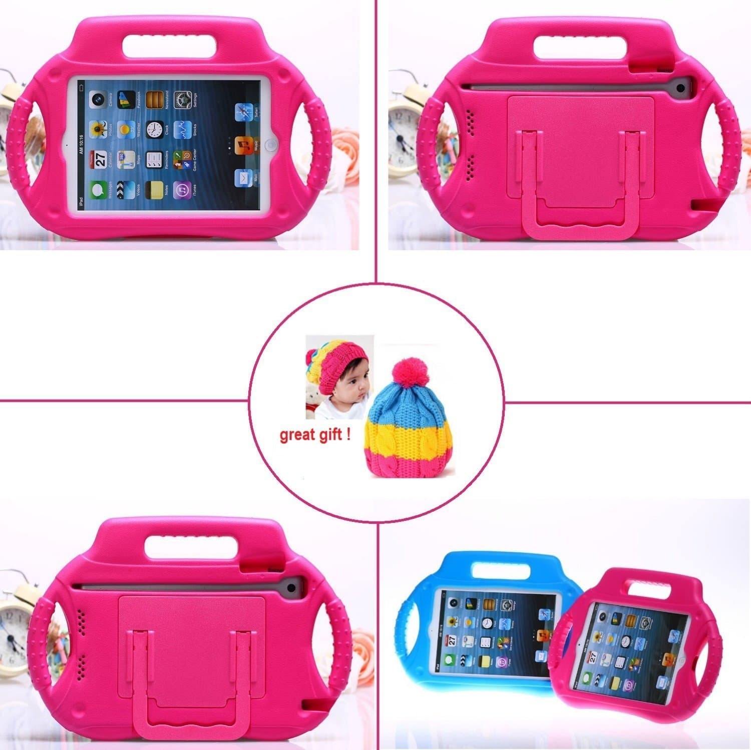 Kid's Light Weight EVA Drop-Proof iPad Protective Case with Handles (for iPad Mini) [Previous Generation] + Universal Stylus Pen with fashion hat gift for children, Great Gift ! (Magenta)