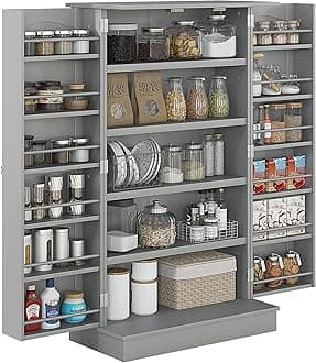 HOMCOM 41" Kitchen Pantry Storage Cabinet, Freestanding Kitchen Cabinet with 12 Door Shelves, Double Doors, 5-Tier Shelving and Adjustable Shelves, Gray