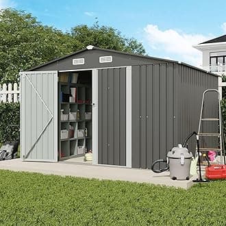 Verano Garden 10x8 FT Outdoor Storage Shed, Galvanized Steel Metal Garden Shed, Double Door W/Lock, Outdoor Storage Tool House for Backyard, Patio, Lawn