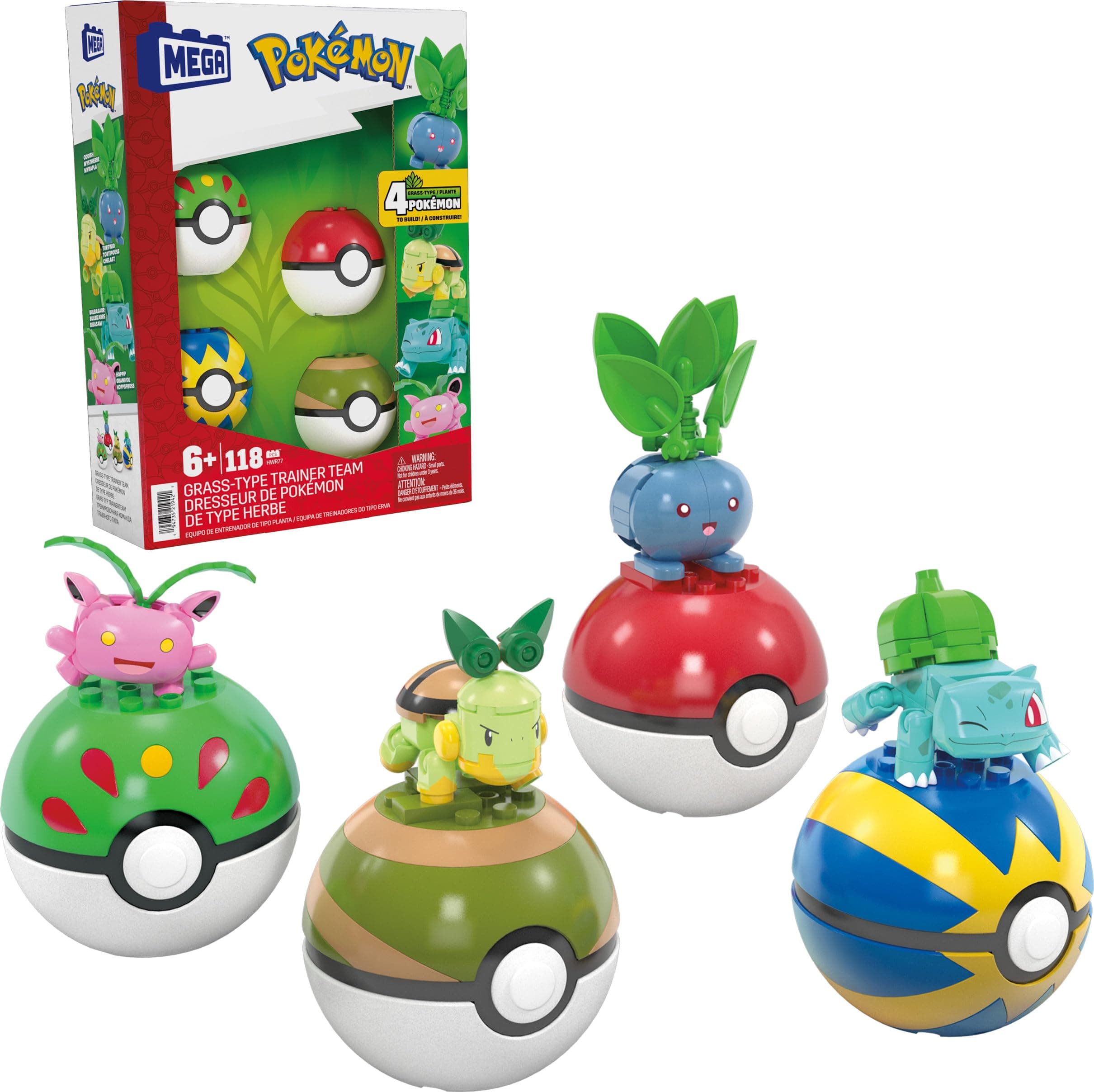 MEGA Pokémon Building Toys Set Grass-Type Trainer Team with 118 Pieces, 4 Poseable Character, 2 Inches Tall, for Kids