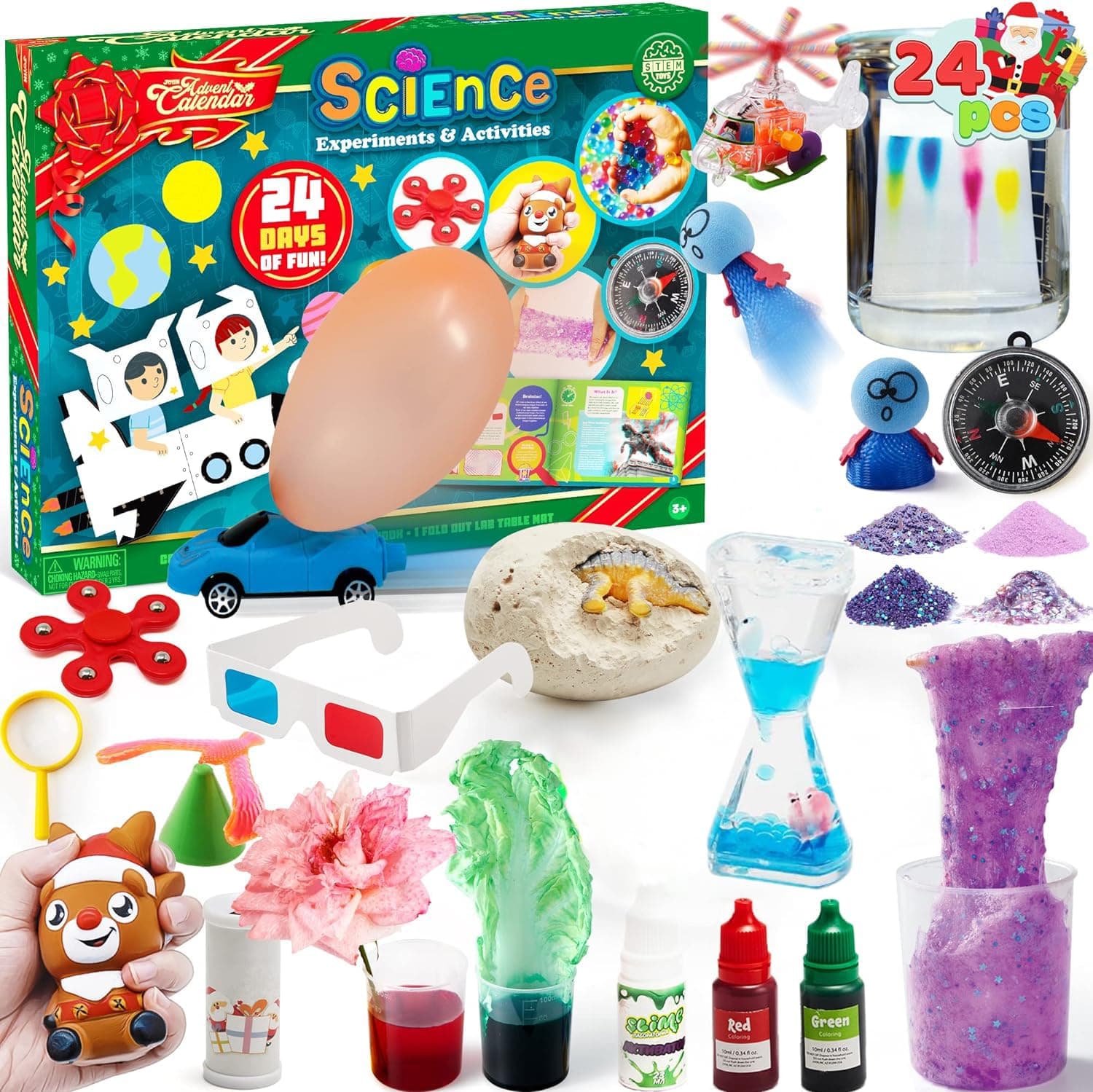 JOYIN 2023 Science Christmas Advent Calendar with Brain Teaser, Includes 24 Exciting Science Tricks & Experiments, 3D Glasses, Balloon Powered Car, Children's Compass etc for Kids Party Favor Gifts
