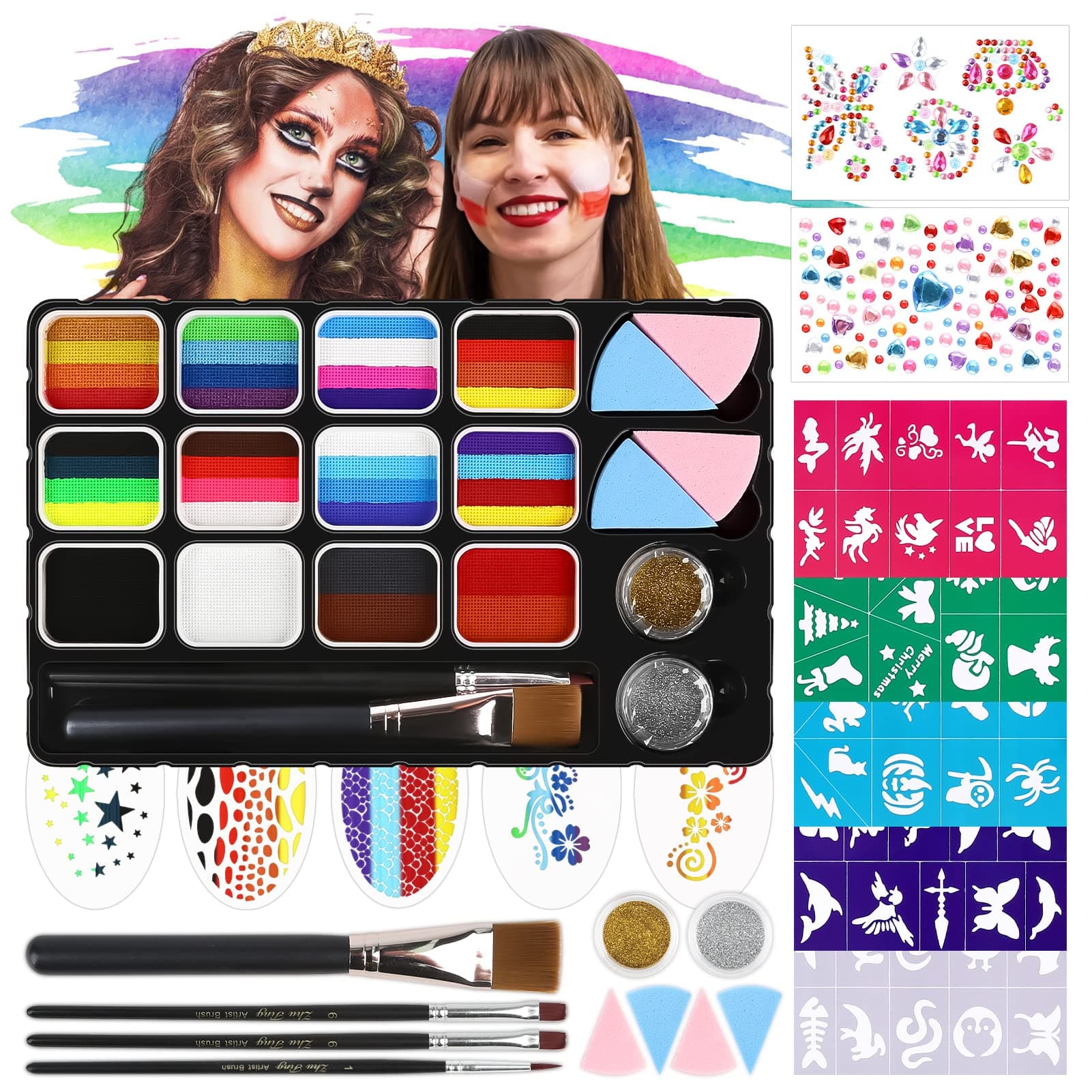 Dreamon Face Paint Kit for Kids Adults | 12 Split Cake Palettes Face Painting Set | Includes Stickers, Brushes, Sponges, Professional Rainbow Face Body Painting Kits