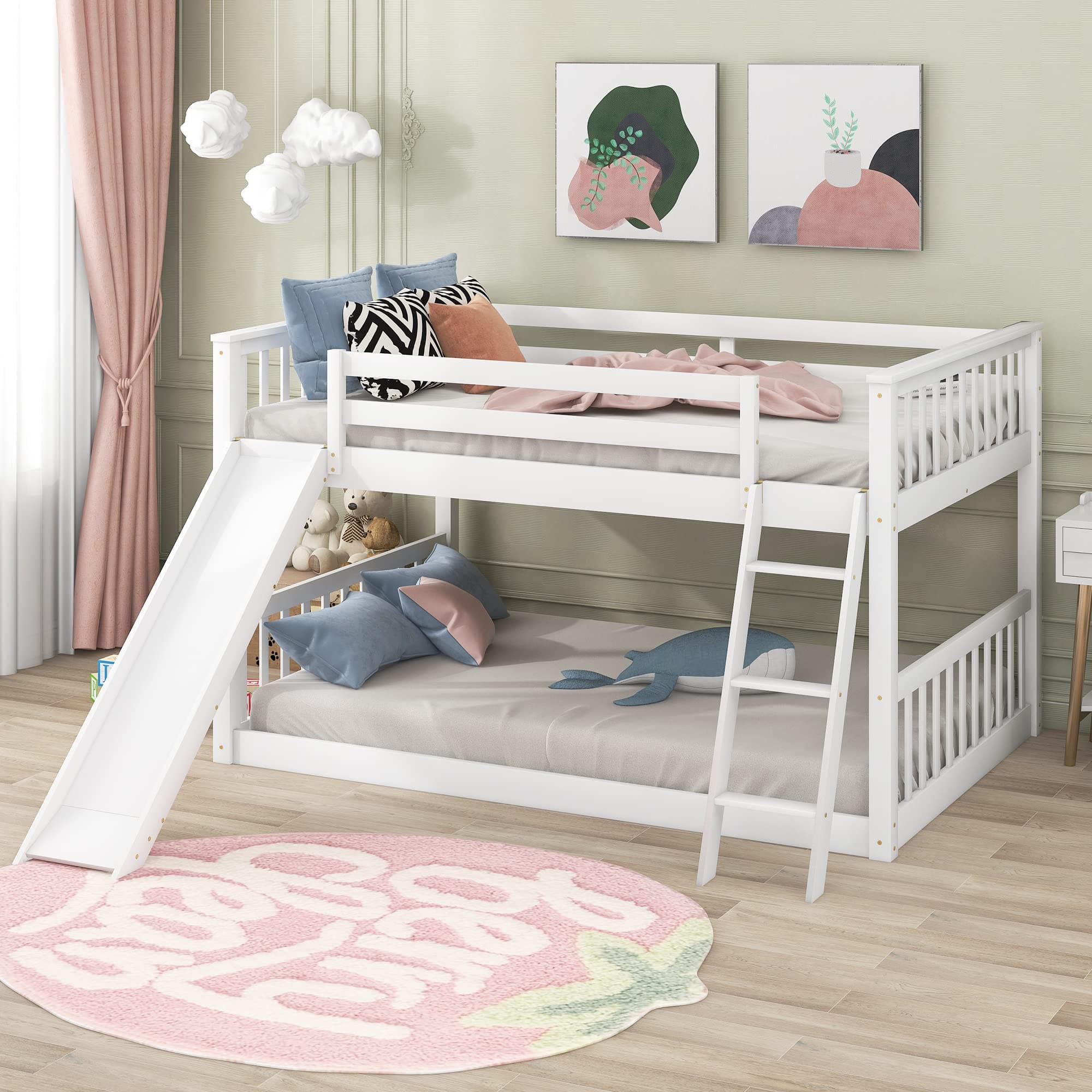 Bellemave Full Over Full Low Bunk Bed with Slide and Ladder, Low Bunk Bed for Kids, Girls, Boys, Floor bunk Bed, White