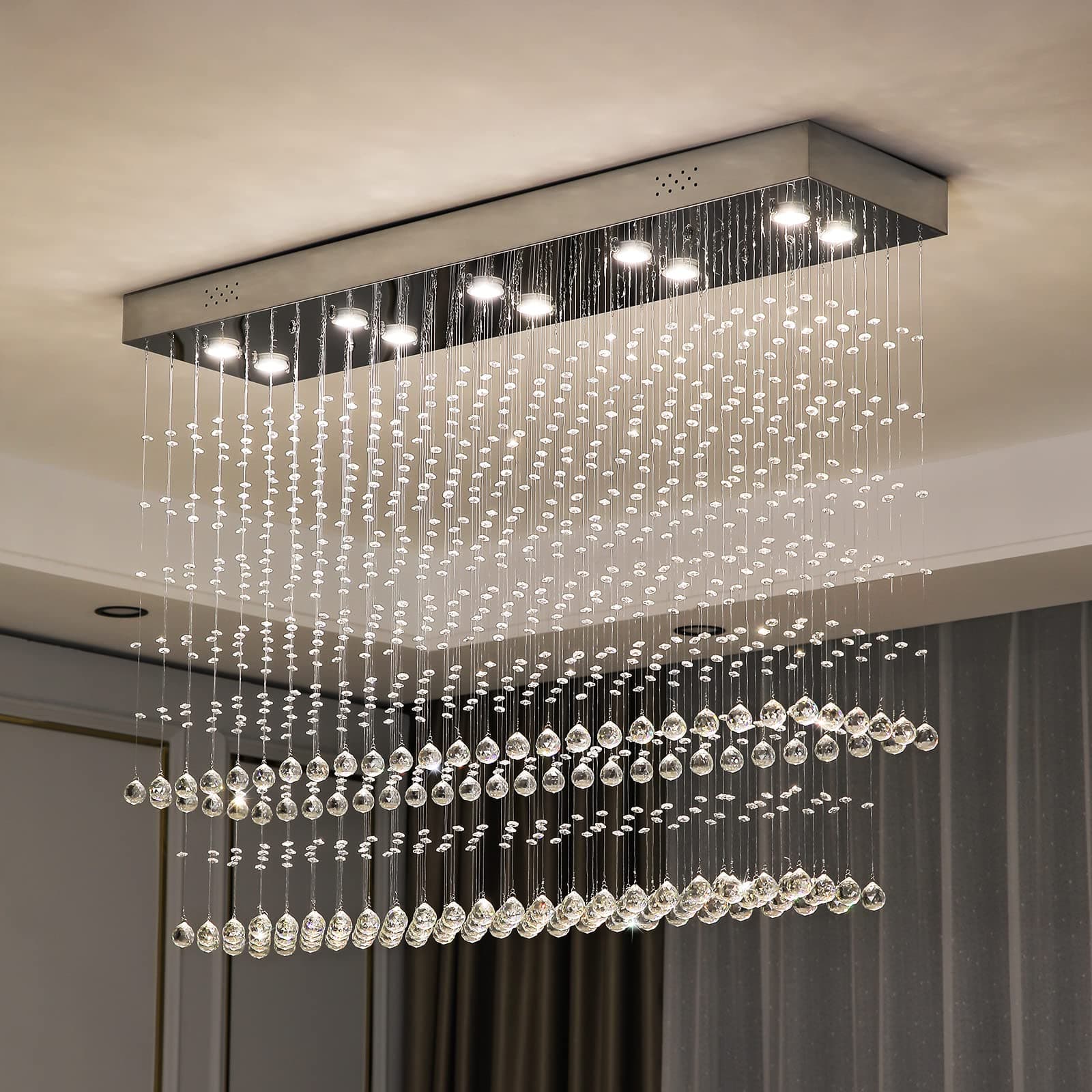 Moooni Modern Rectangular Crystal Chandelier Ceiling Lighting Fixture Raindrop Pendant 10 Lights Rectangle Crystal Chandeliers for Dining Rooms Foyer Entryway Kitchen L 47" x W 12" x H 35.5"