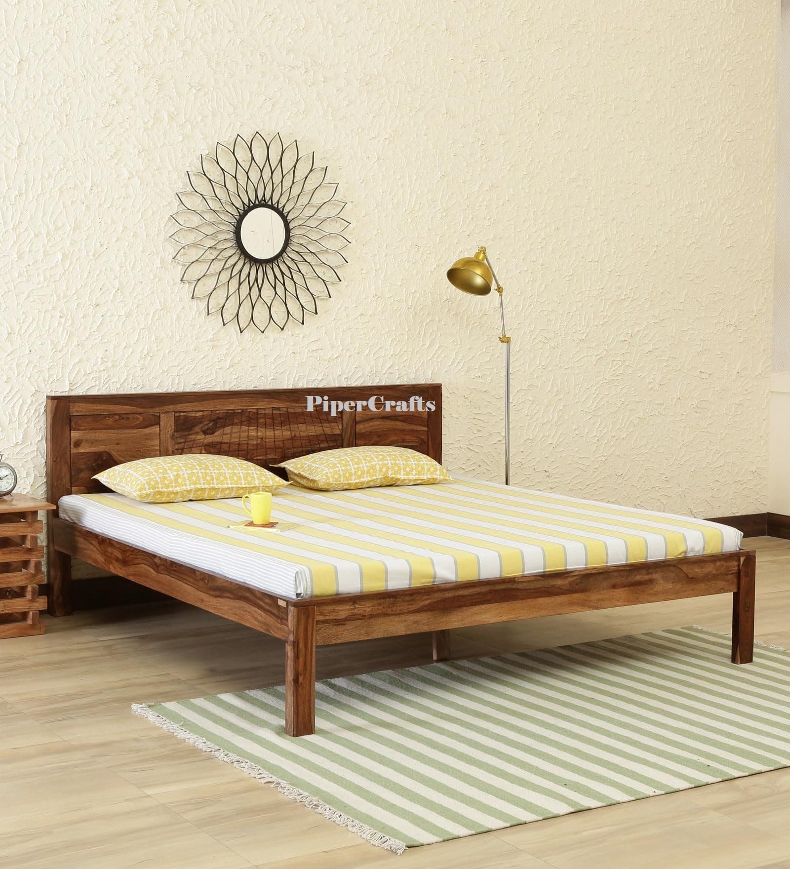PIPERCRAFTS Sheesham Solid Wooden King Size Bed in Rustic Teak Finish Double Bed Modern Design Art (Natural Finish - Brown) for Living Room & Bed Room