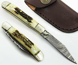 SHARD HAND FORGED Damascus Steel Mini Trapper Folding Pocket Knife Stag/Antler Handle