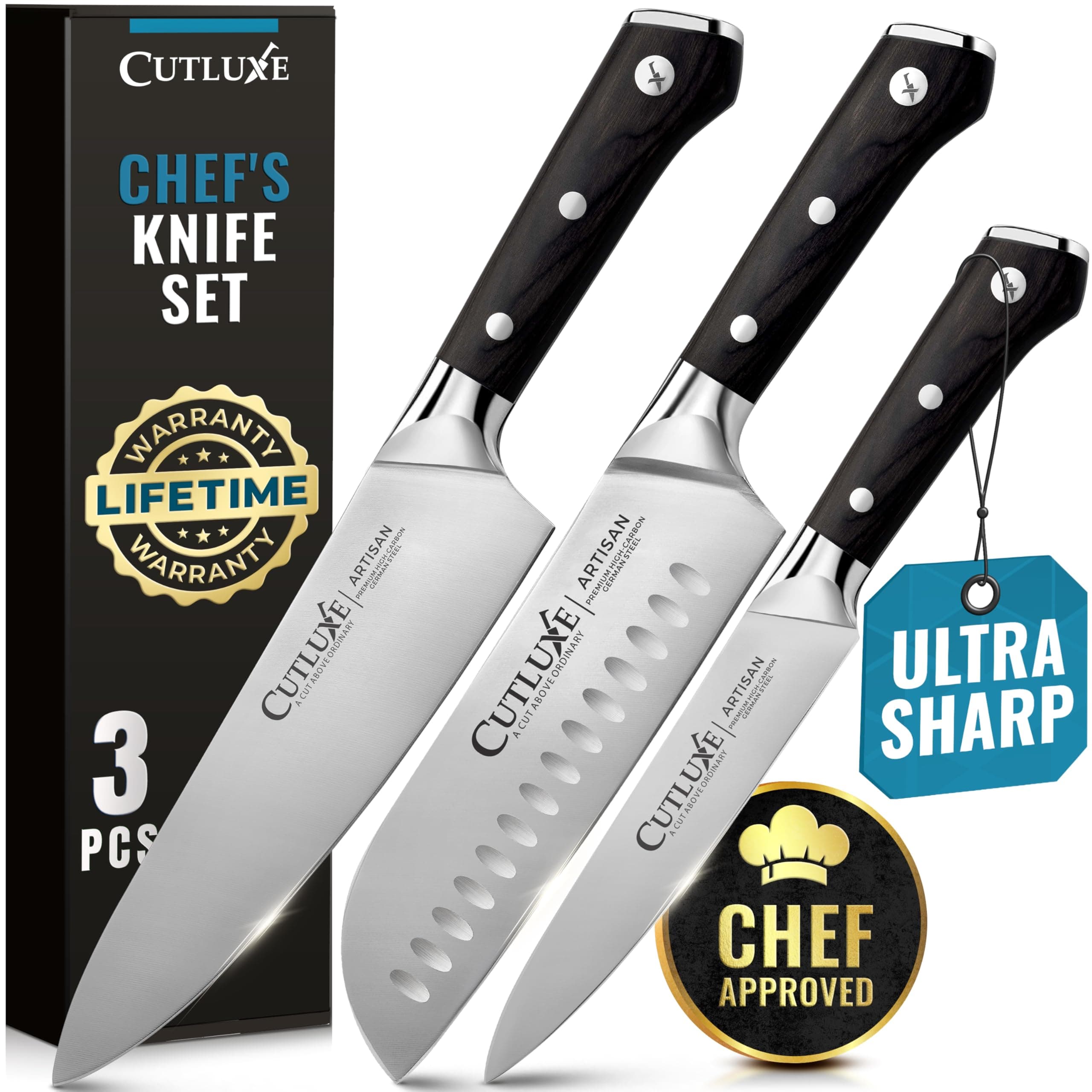 Chef Knife Set, 3 PCS Professional Chef's Knife Set – Razor Sharp German Steel, Full Tang, Ergonomic Handles - Artisan Series