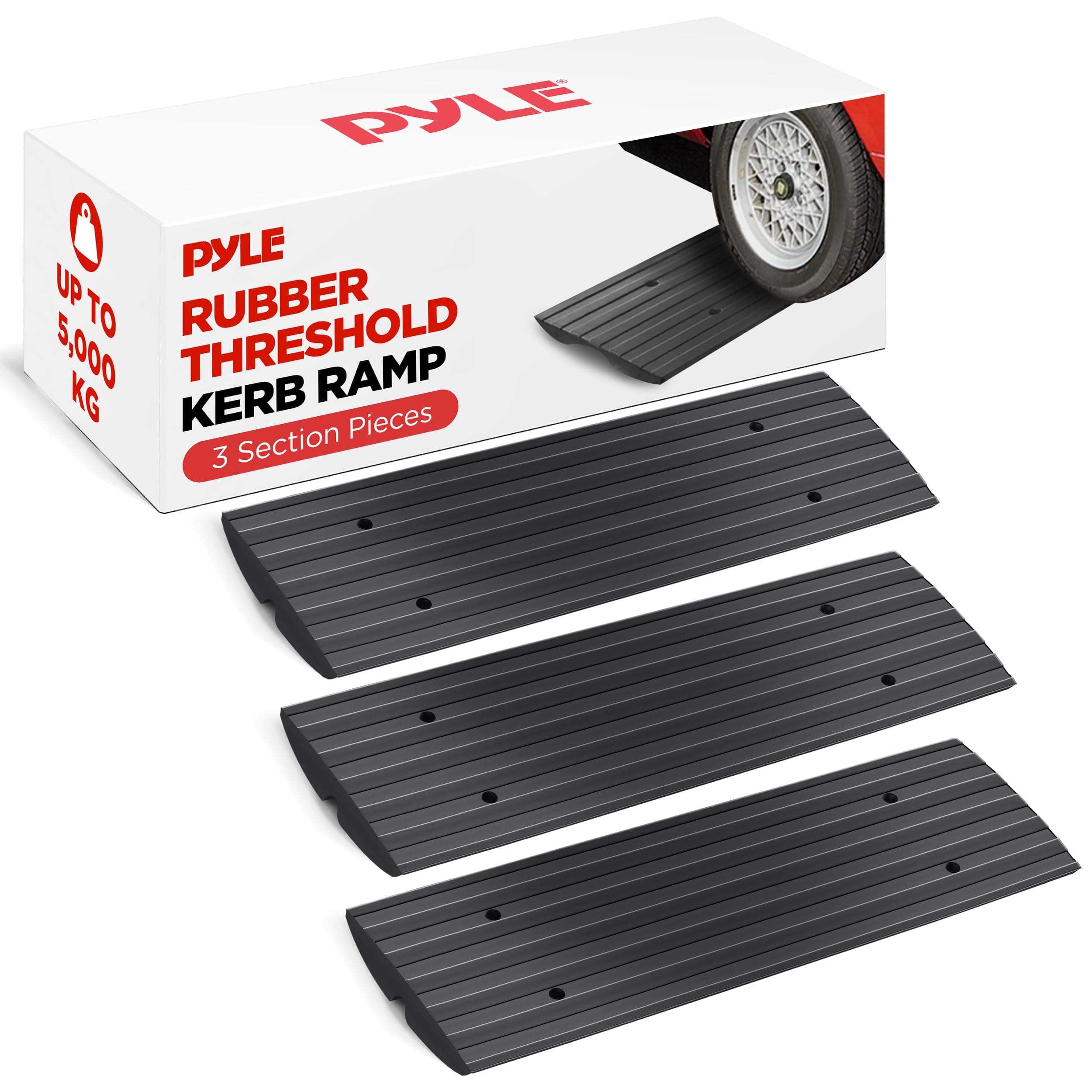 Pyle Heavy Duty Rubber Kerb Ramp Set – 3 Pack Threshold Curb Ramps for Car, SUV, Truck, Driveway, Garage & Loading Dock – High Strength, Non-Slip, Durable Vehicle Ramps
