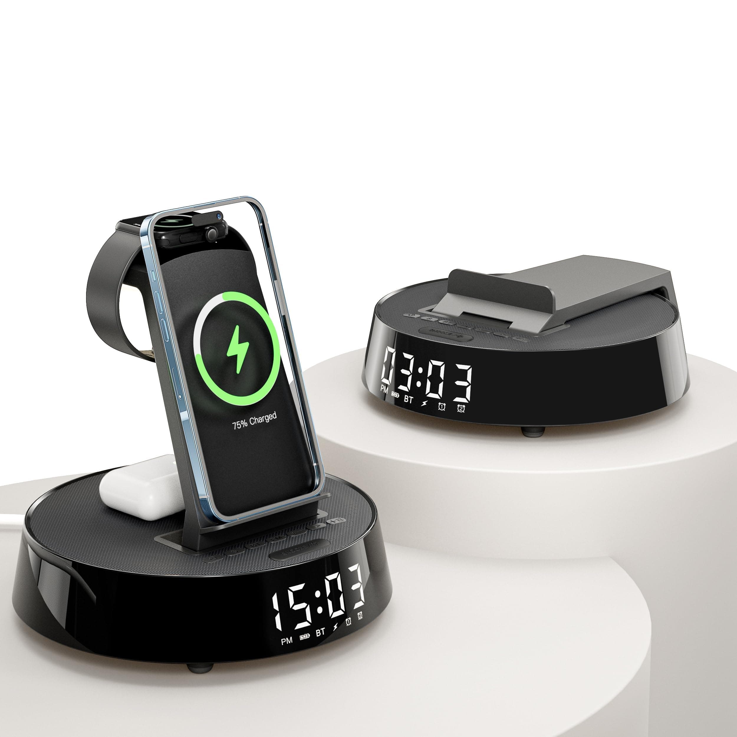 Alarm Clock with Wireless Charging Station, Clock for Bedroom with Dimmable Night Light Bluetooth Speaker, Wireless Charger Dock Station for iPhone 16 15 14 13 12 11 Pro Max, Apple Watch