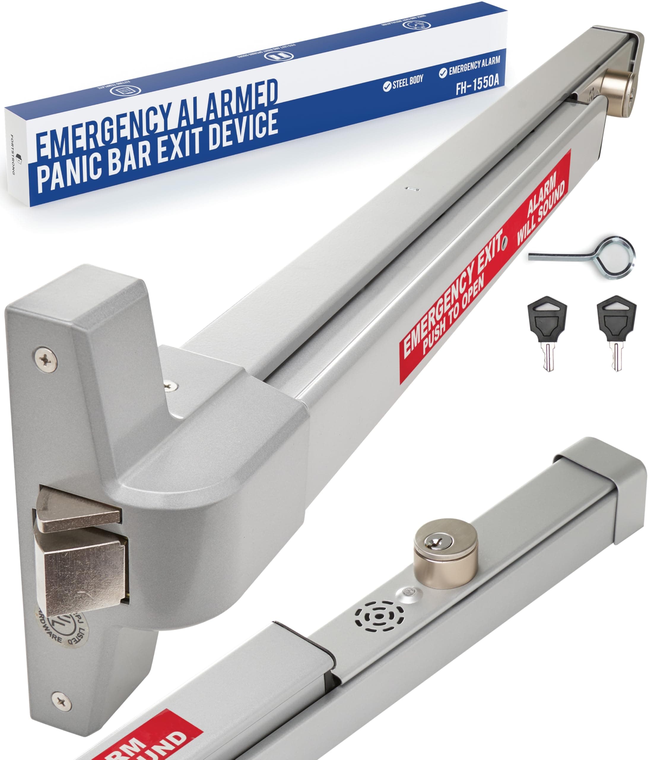Alarmed Commercial Push Bar Exit Device - FH-1550A Panic Bar Loud Warning Strike Bar with Warning Stickers - UL Listed - Easy Installation