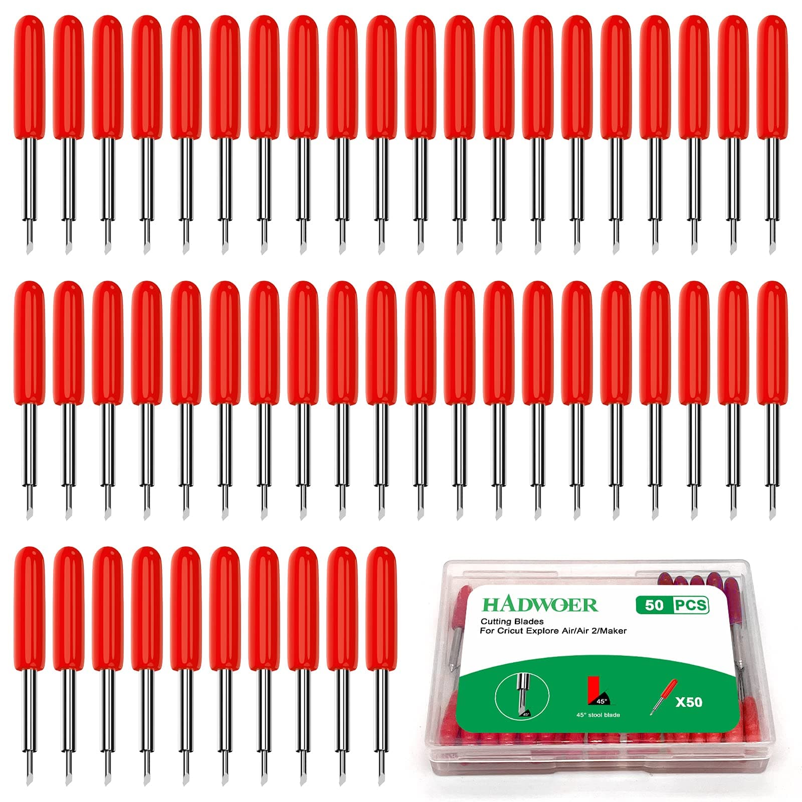 Hadwoer 50PCS Replacement Cutting Blades Compatible with Explore Air 2 /Air 3/Explore 4 /Maker/Maker 3/ Expression, 45 Degree Standard Fine Point Blades for Most Vinyl Fabric Cutting