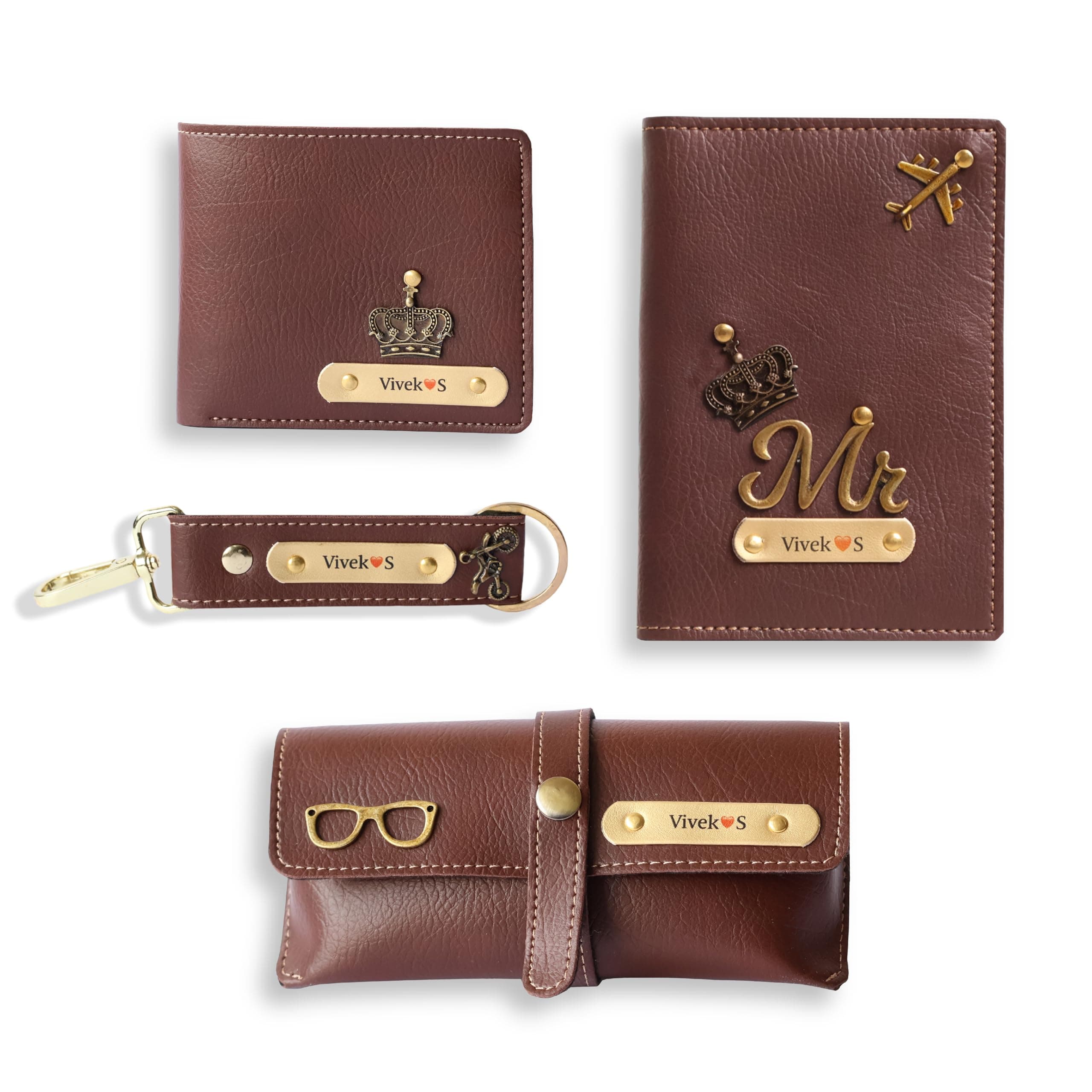 - Personalised Mens Combo Gift (4 pcs) Customized Leather Mens Wallet, Key Chain, Eyewear Case and Passport Cover with Name | Best Gift for Brother, Husband, Boyfriend, Father (Brown)